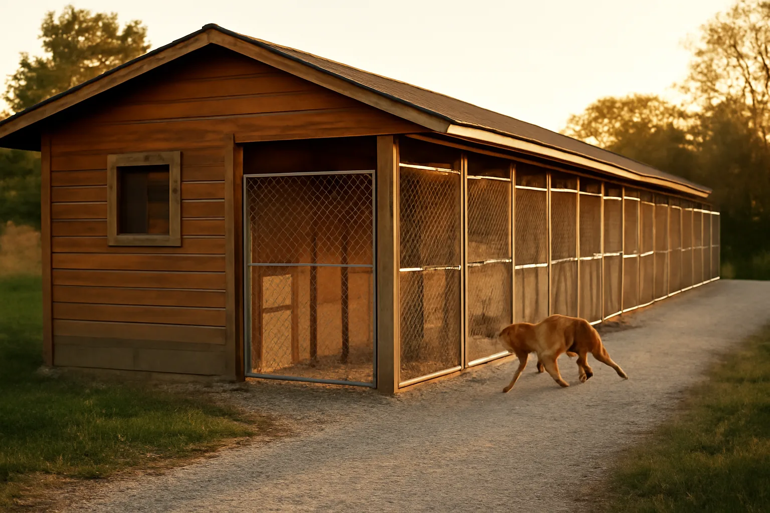 Wooden dog cabin boarding kennel with outdoor runs at golden hour