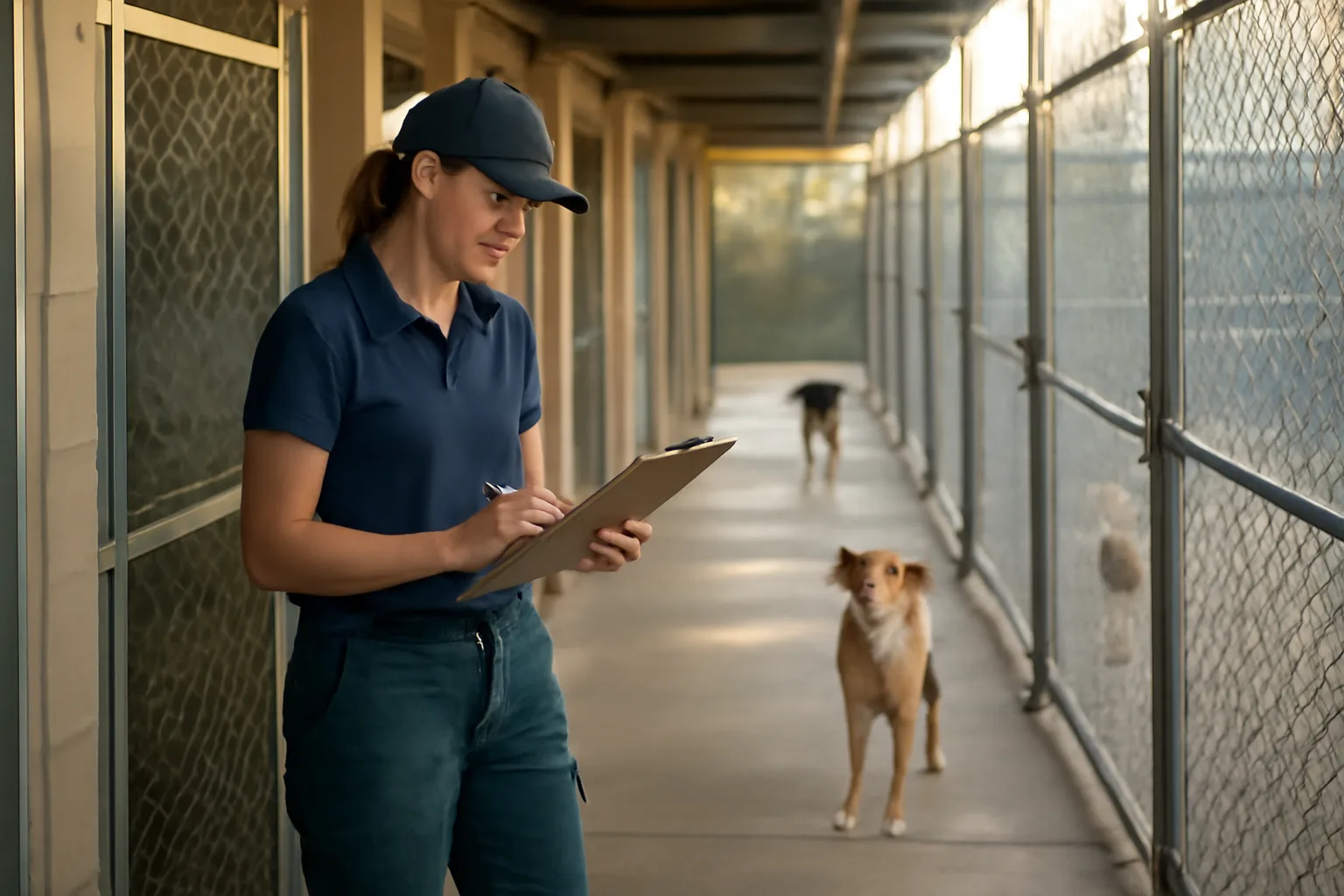 Kennel worker checking dogs in outdoor runs at a licensed boarding facility