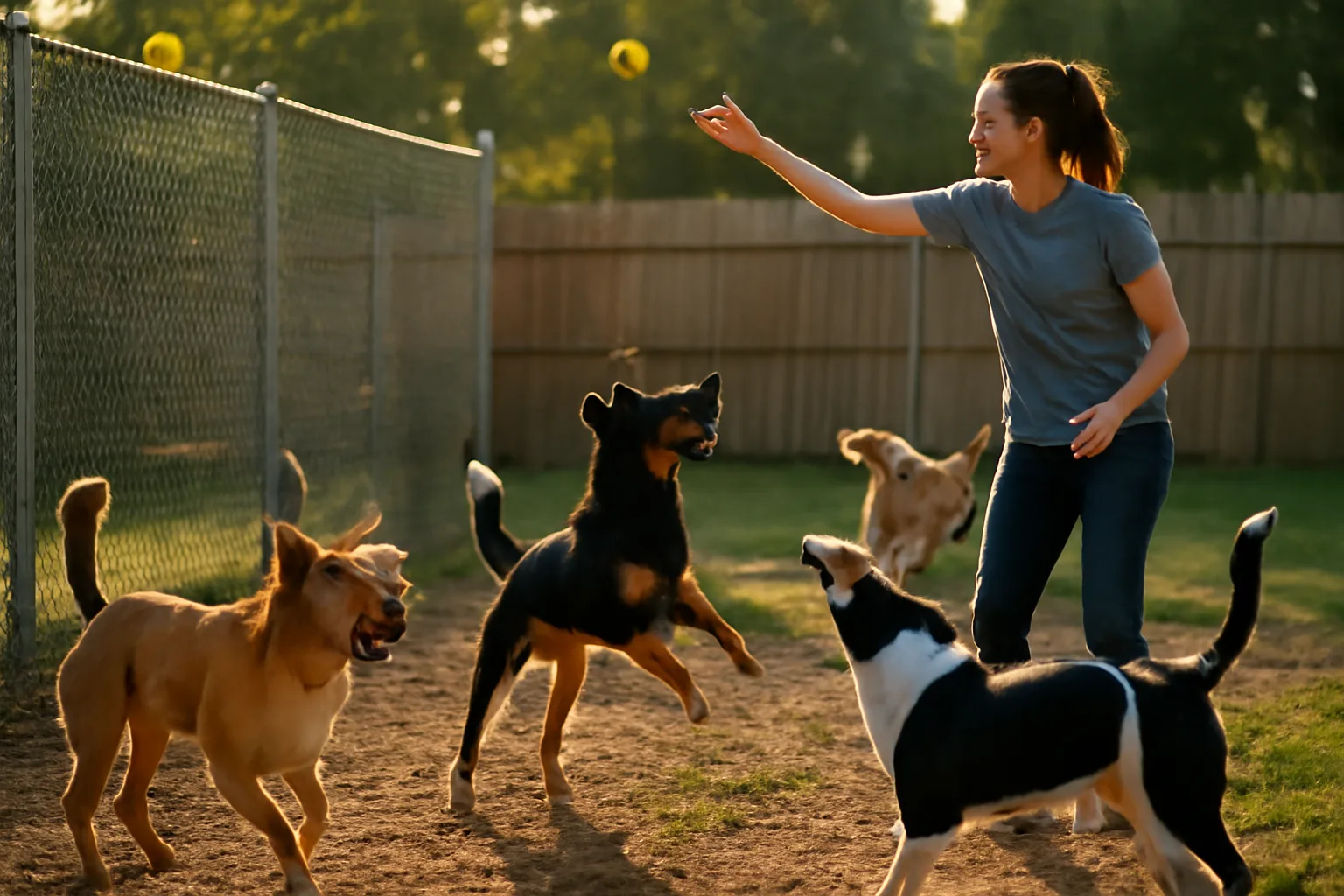 Dogs playing in an outdoor run at a Charlotte NC boarding facility in late afternoon light