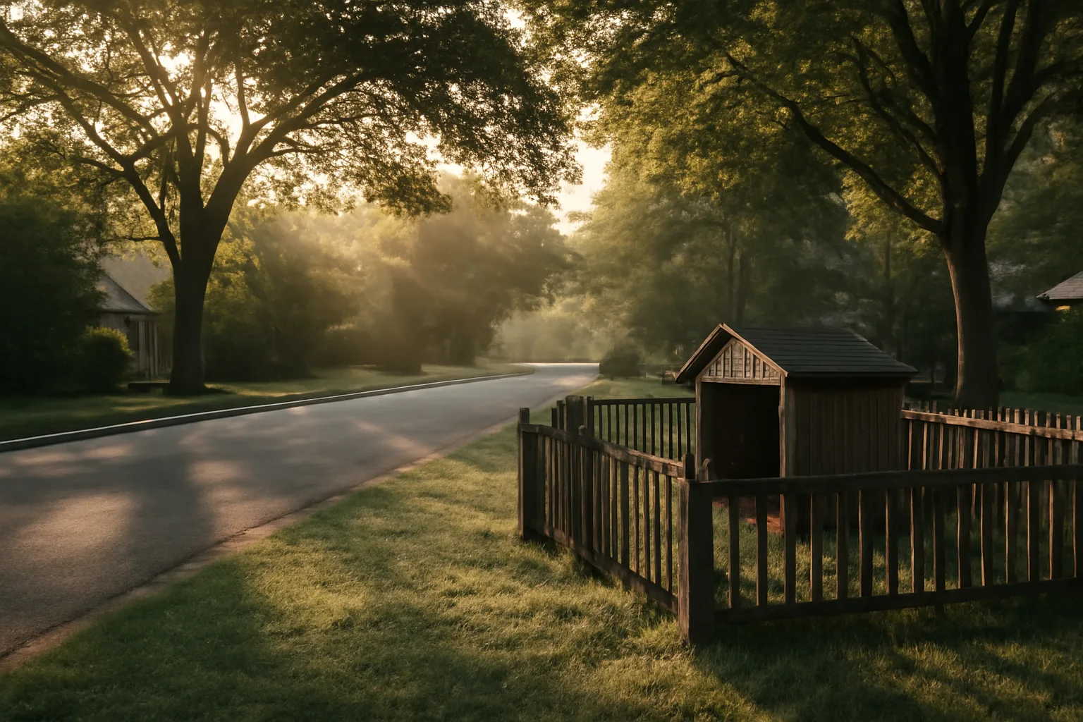 Wooded residential yard near Head of the Harbor with a fenced dog run at dawn