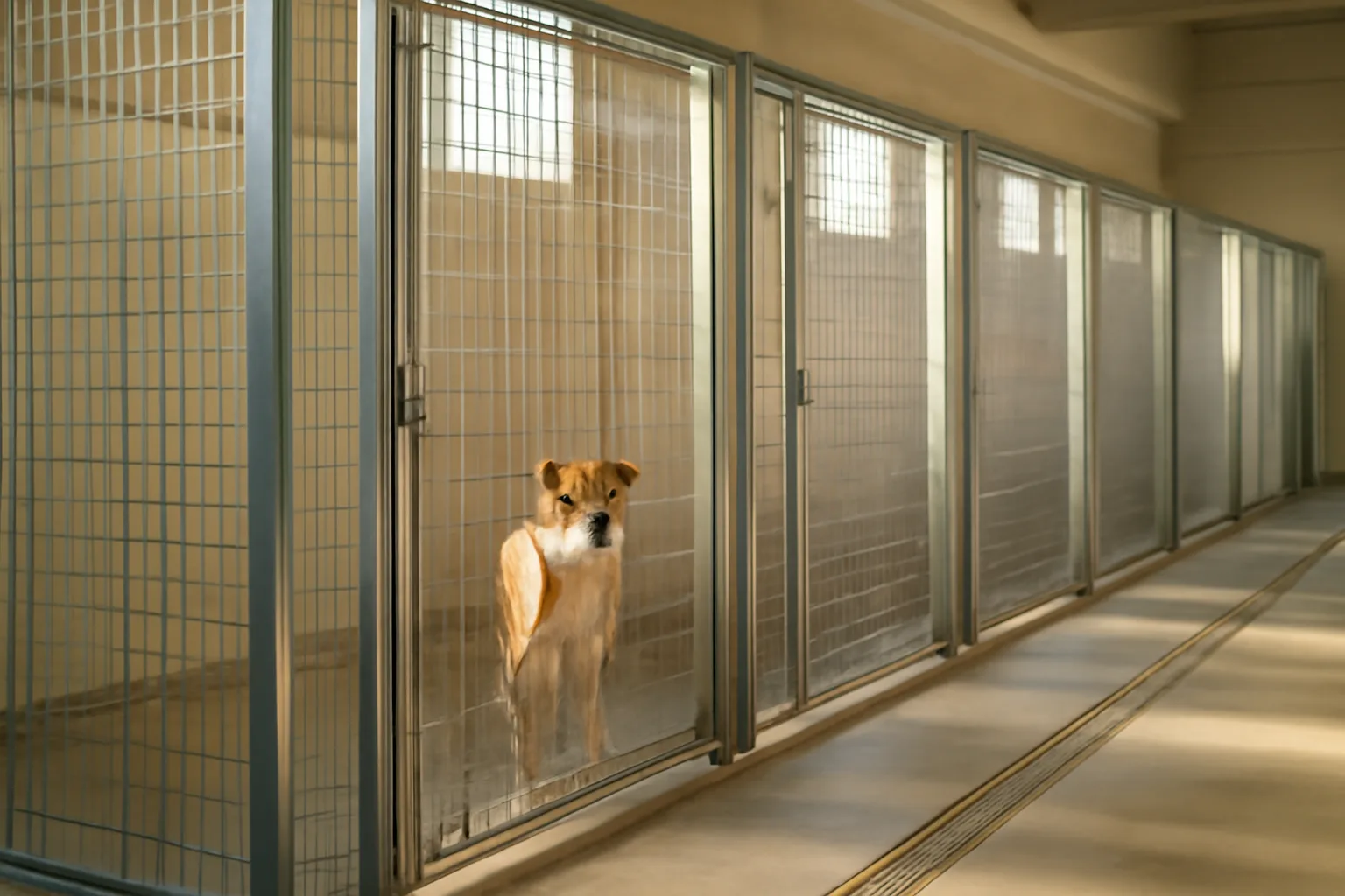 Indoor dog boarding kennel runs with a dog standing in one run, St. Paul MN facility