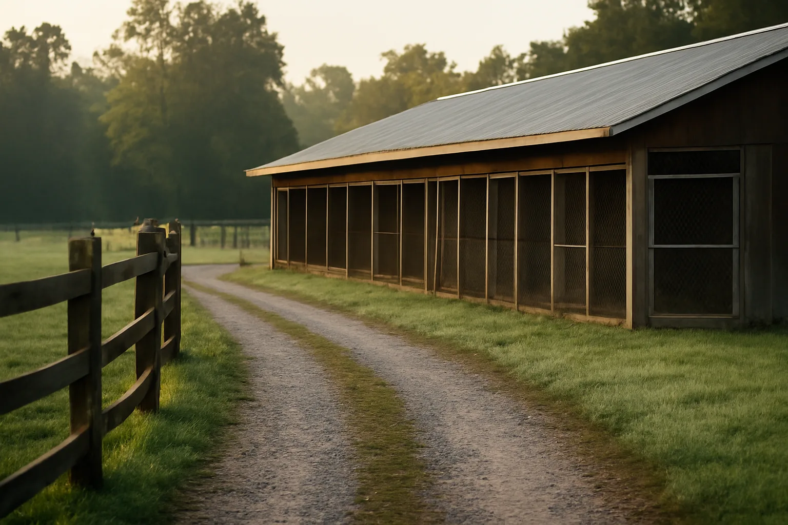 Rural Georgia dog breeding kennel with wooden fencing in morning light