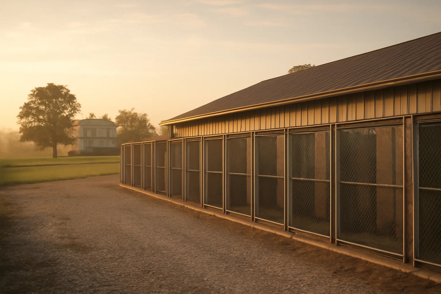 Rural Missouri kennel facility with outdoor dog runs in morning light