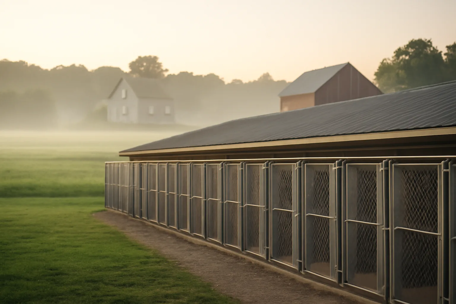 Rural Ohio dog breeding kennel with outdoor runs at sunrise