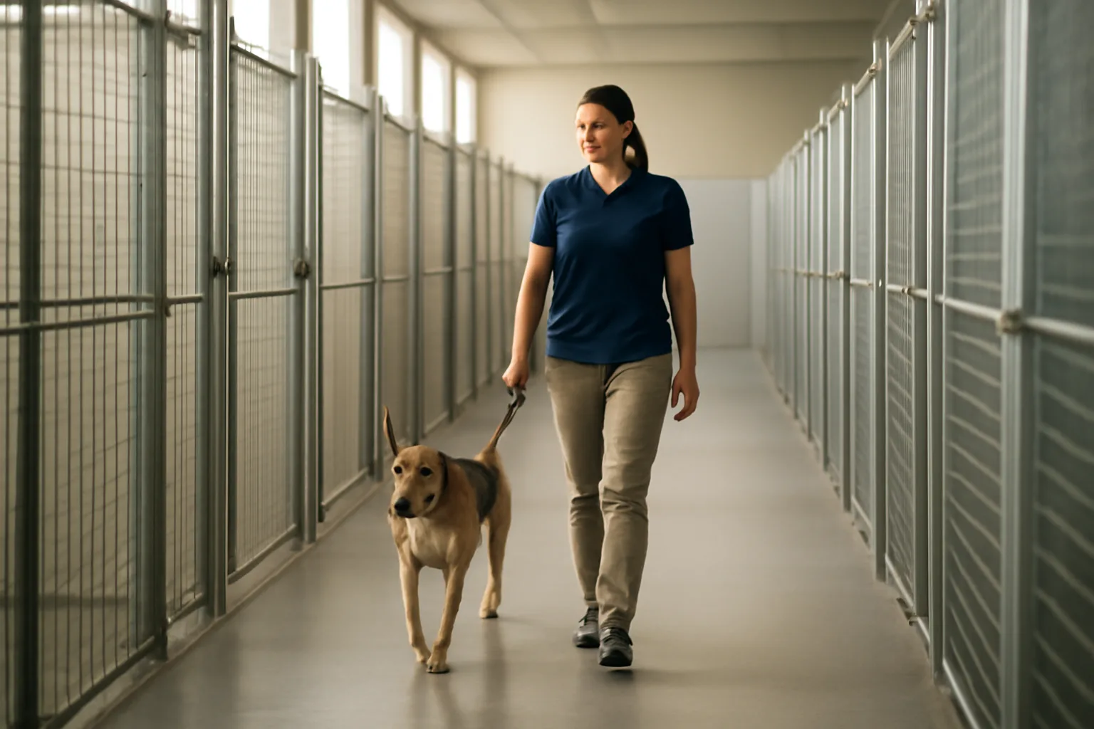 Staff member walking a dog through a clean commercial boarding kennel hallway in daylight