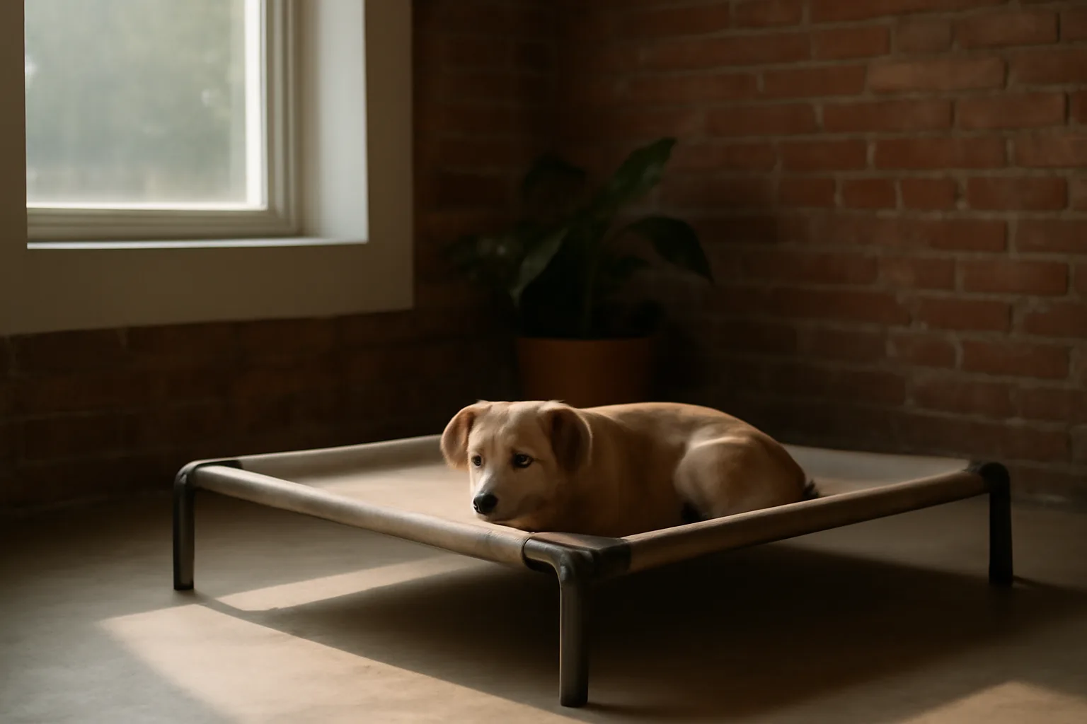 Sunlit indoor boarding suite with a small dog resting near a window