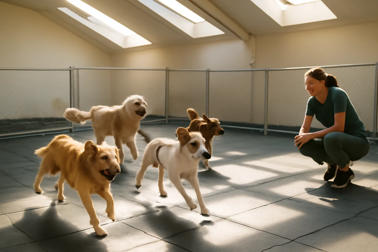 Staff member supervising dogs at play in an active dog daycare facility
