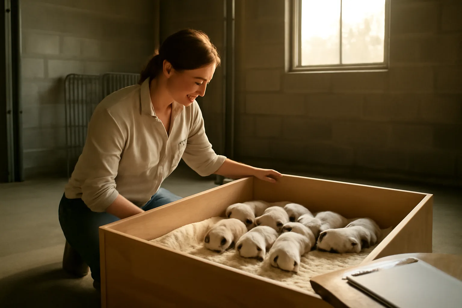 Breeder checking a litter of purebred puppies in a home kennel setup