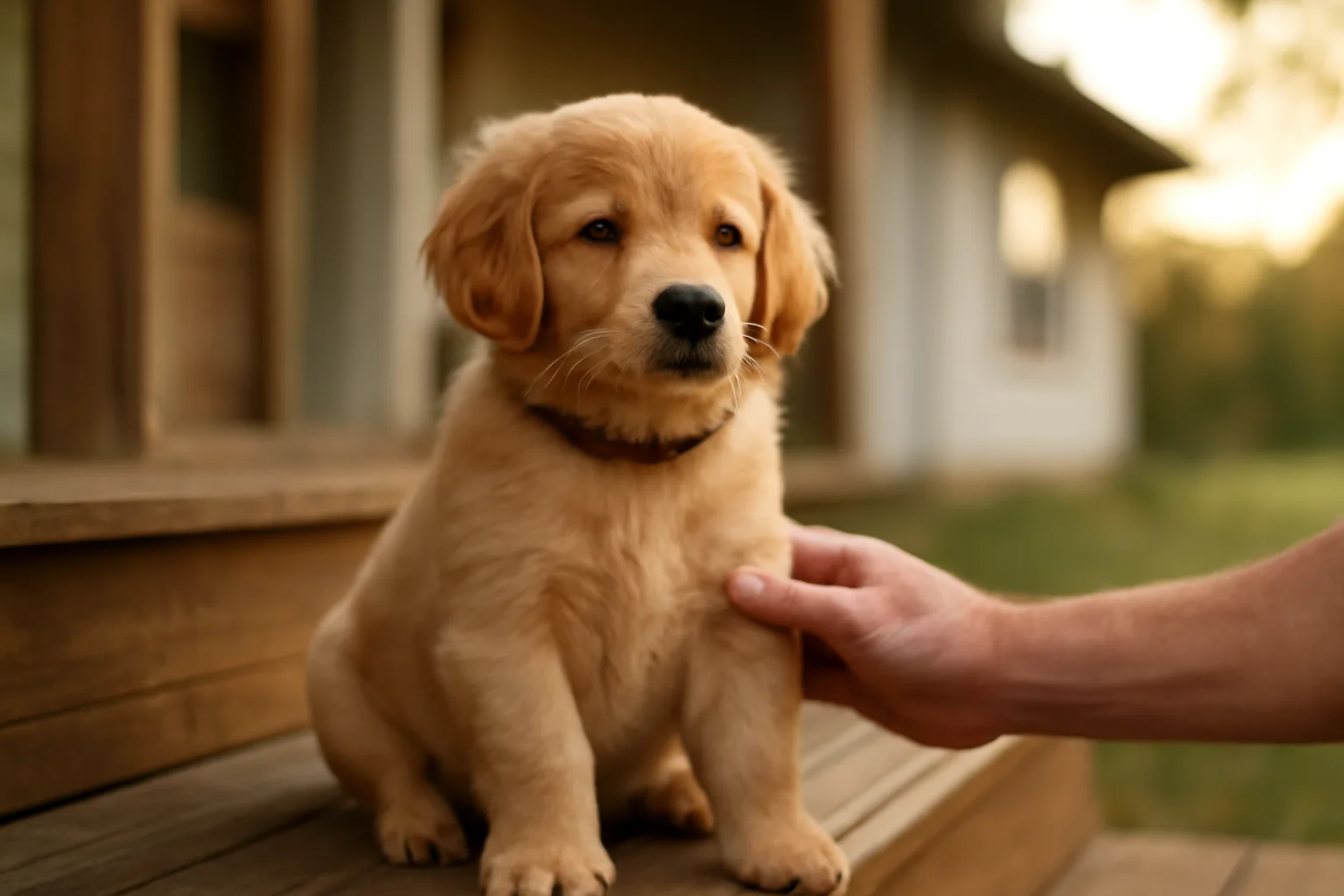 Puppy on a porch step in evening light, related to AKC dog registration papers