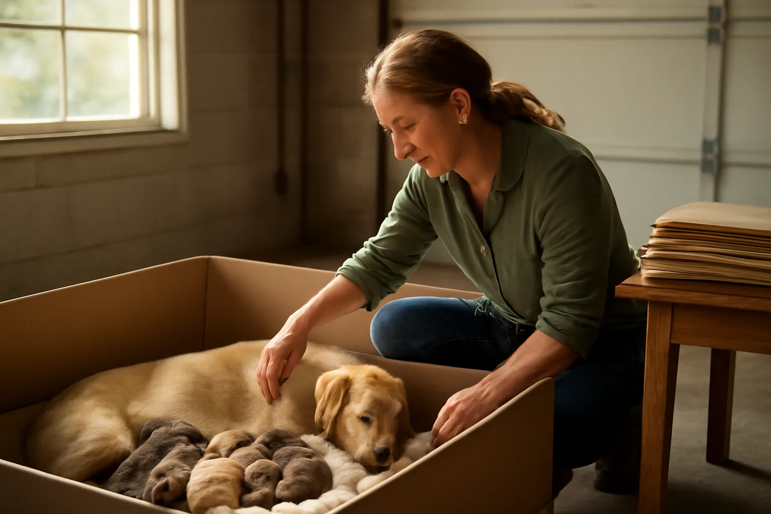 Breeder checking a litter of puppies during the dog registration and recordkeeping process