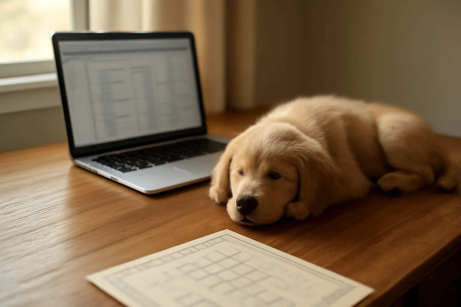Laptop and pedigree paperwork on a desk during an AKC dog registry lookup