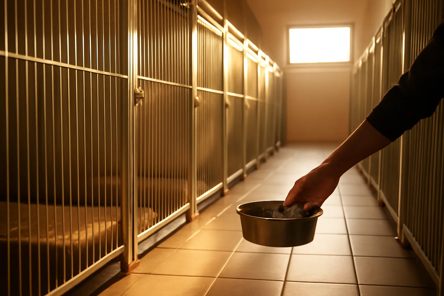 boarding kennel hallway with clean dog runs in morning light