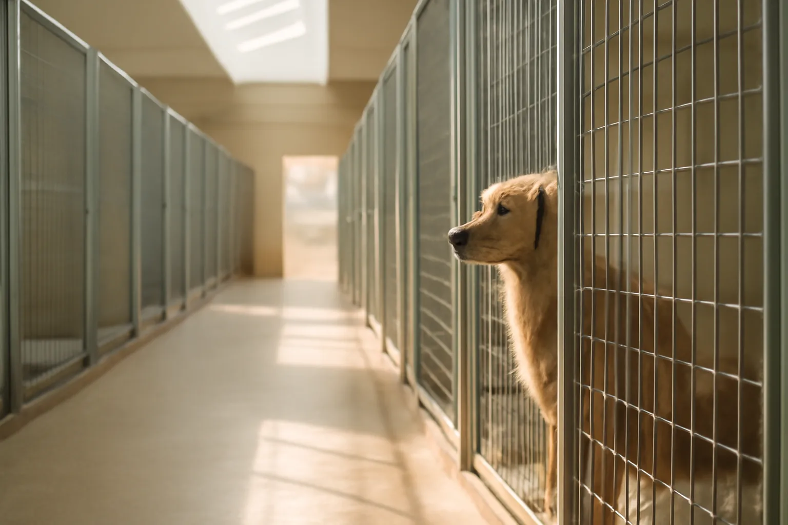 Sunlit kennel hallway with clean dog runs during dog boarding hours