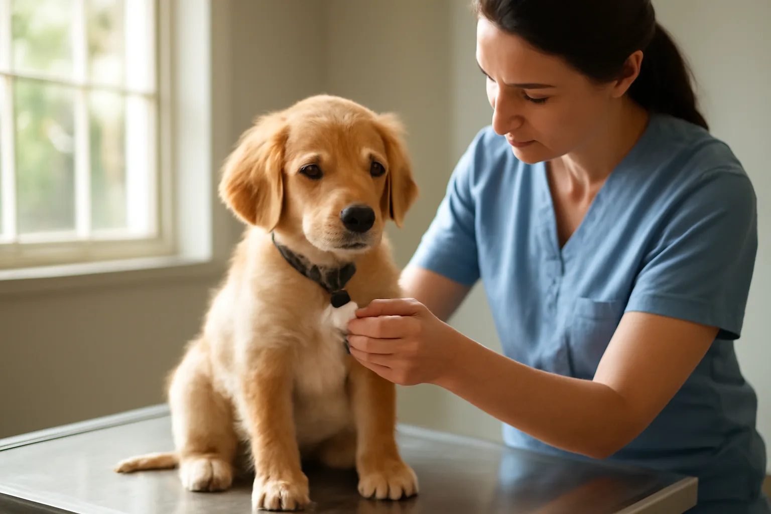 Veterinary technician checking a puppy's collar tag during a routine license and vaccination visit