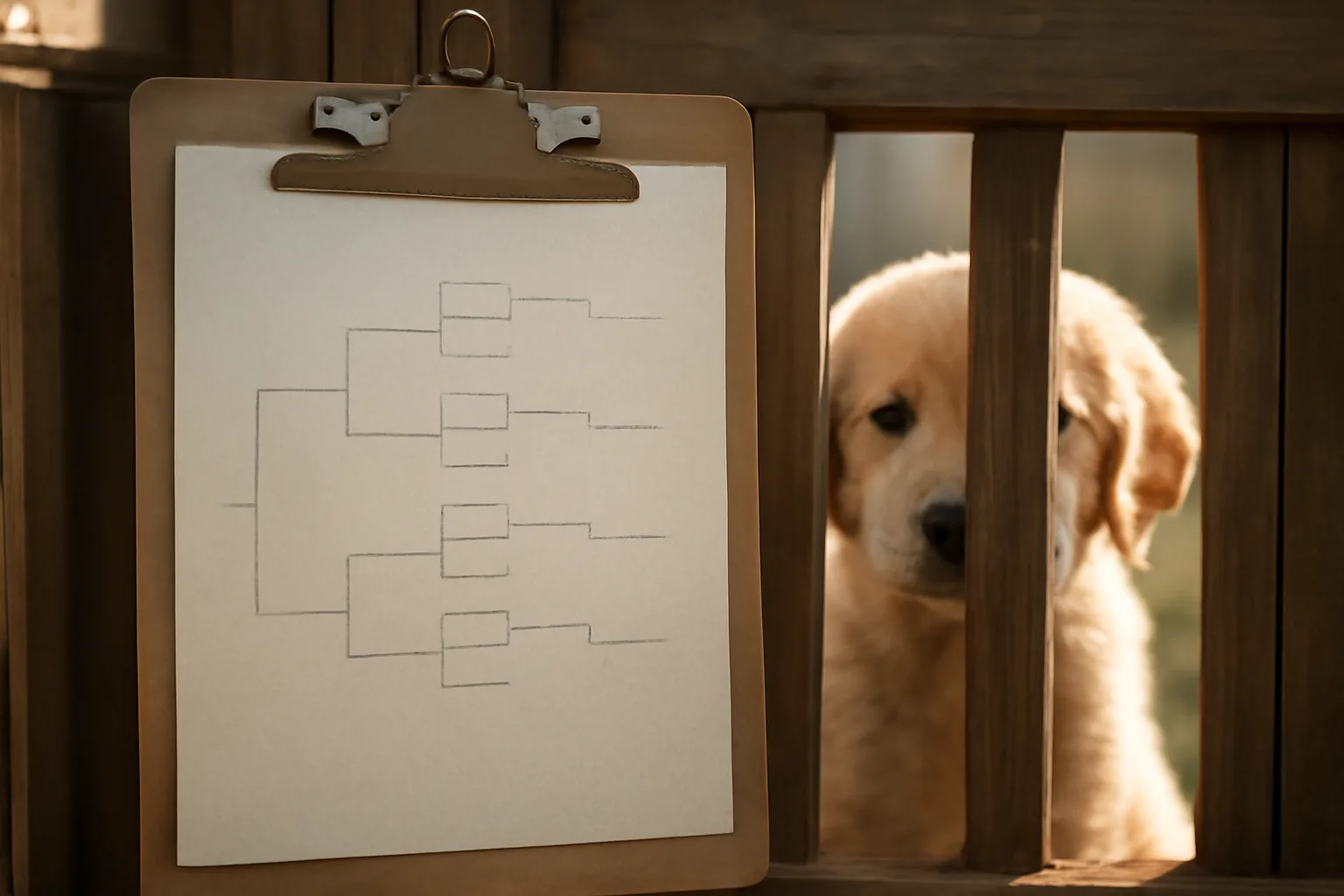 Pedigree paperwork on a kennel gate with a puppy visible behind the fence