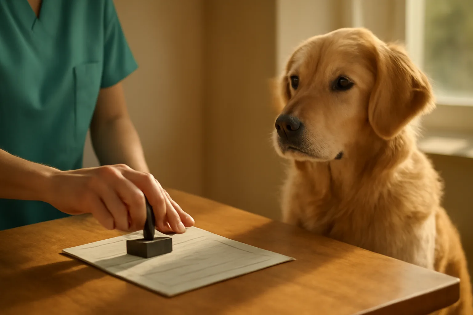 vet office counter with rabies certificate and golden retriever waiting for dog license paperwork