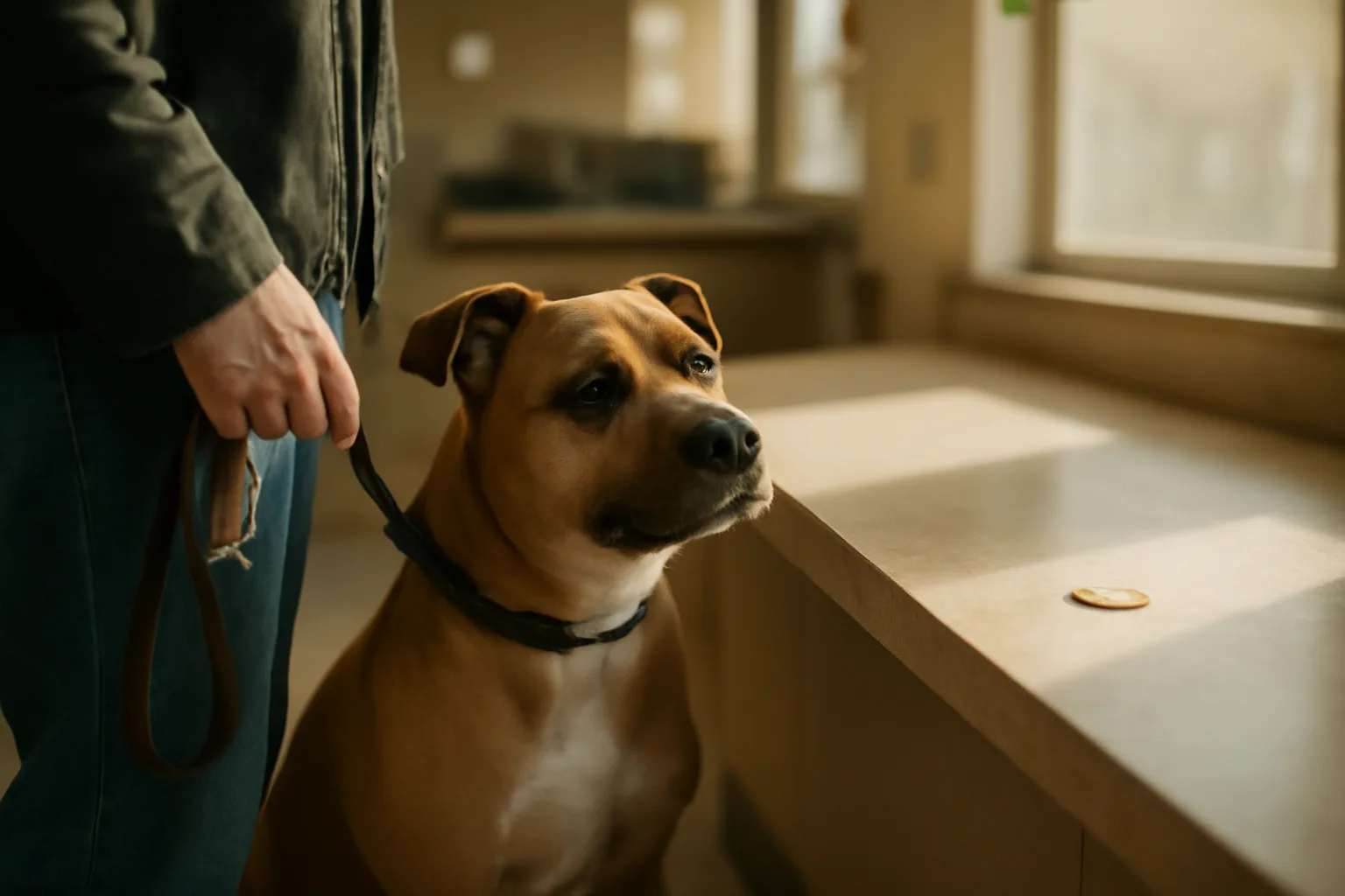 Dog owner at a county office counter during american pet registration and licensing