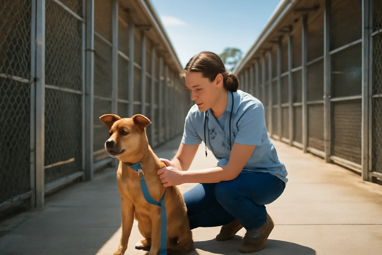 Outdoor kennel runs at a licensed dog breeding and boarding facility in daylight