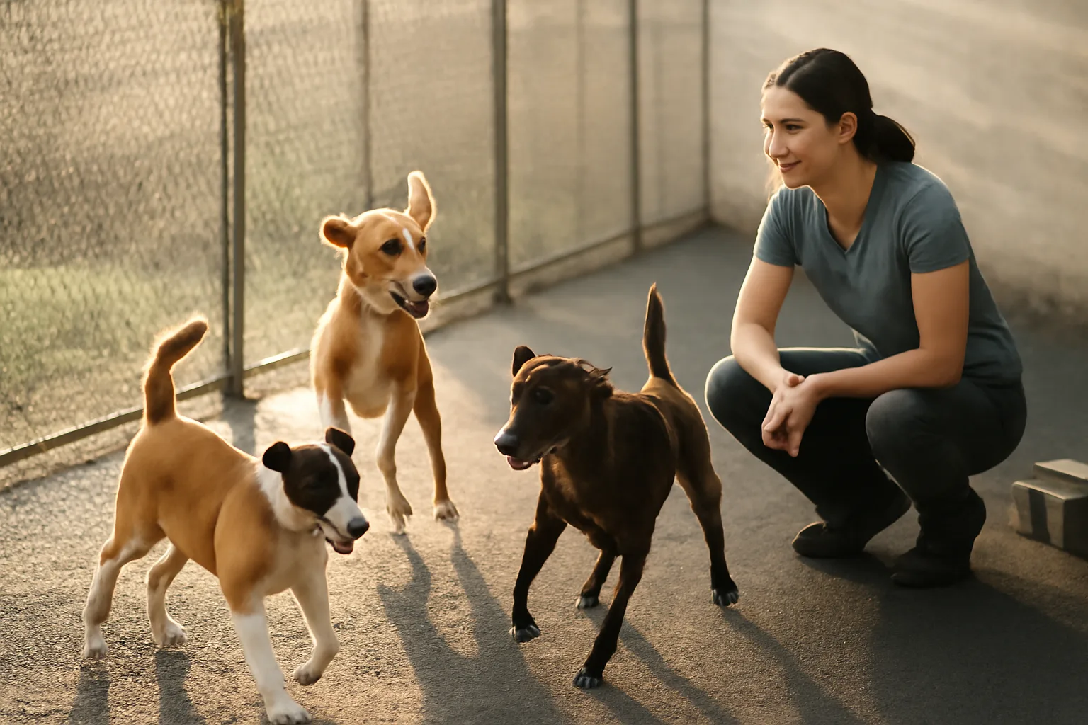 Staff member supervising dogs playing outdoors at an animal daycare facility