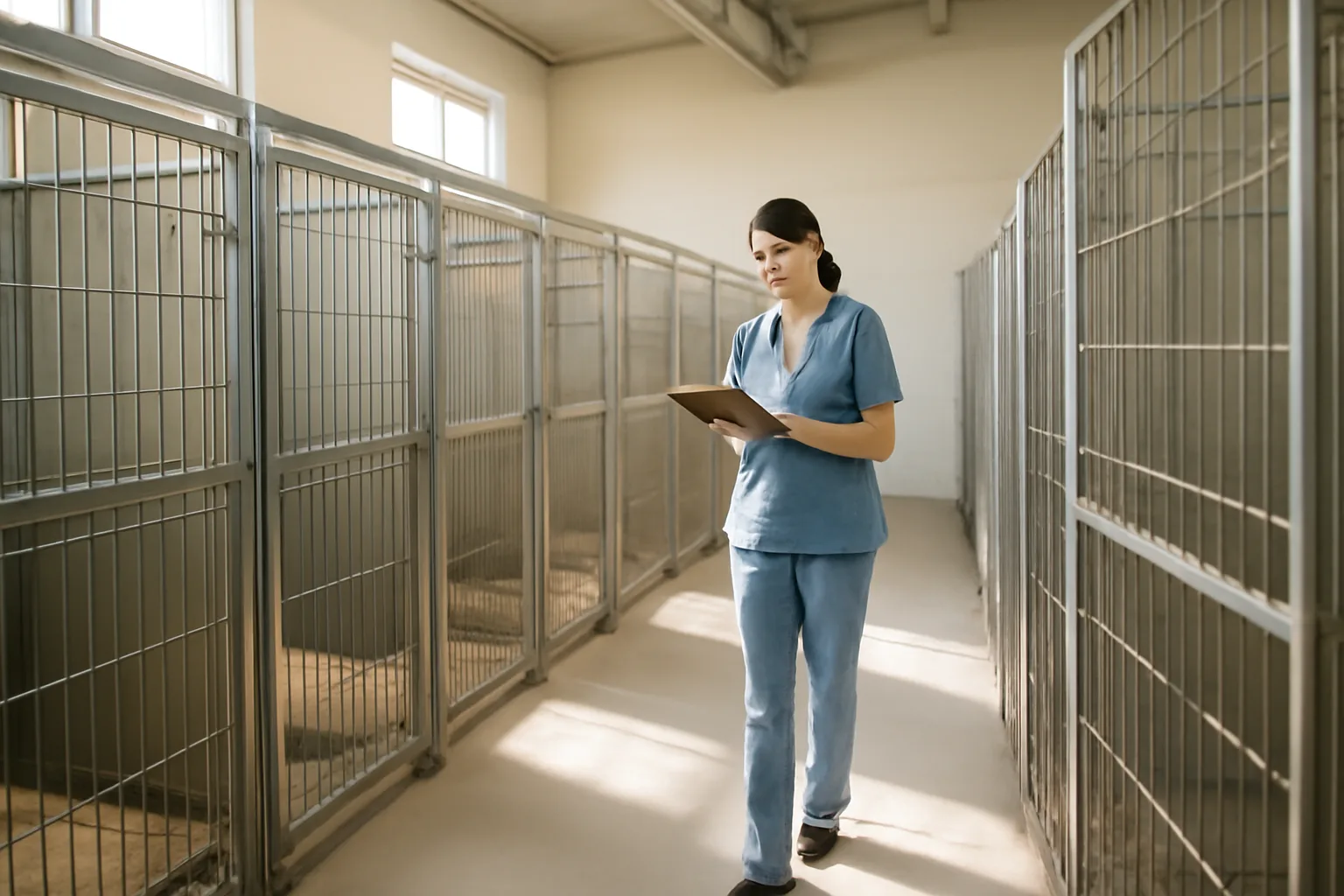 Kennel corridor with spacious dog runs used to illustrate animal welfare certification standards
