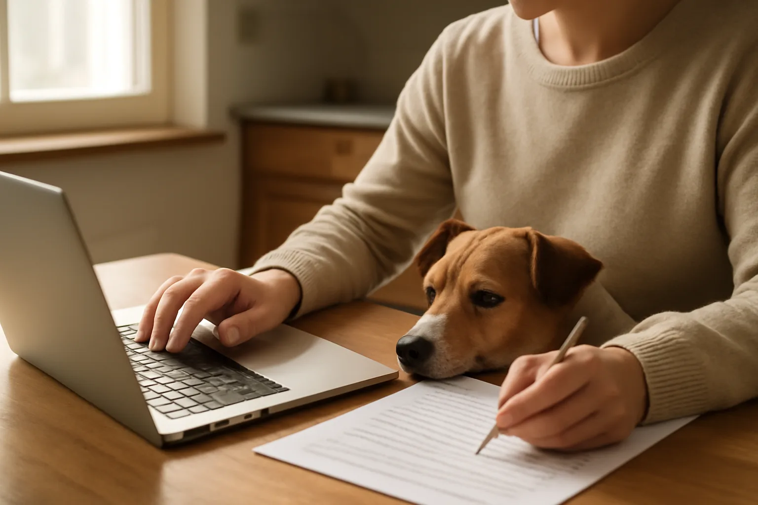 Person applying for a dog license online at a laptop with a dog nearby