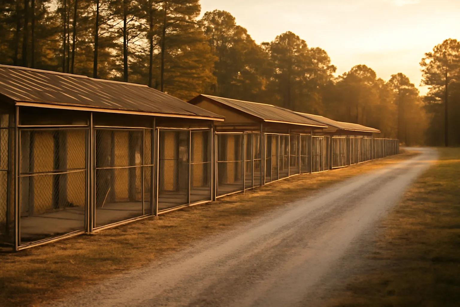 Outdoor dog kennel runs at a rural Arkansas boarding facility at sunset