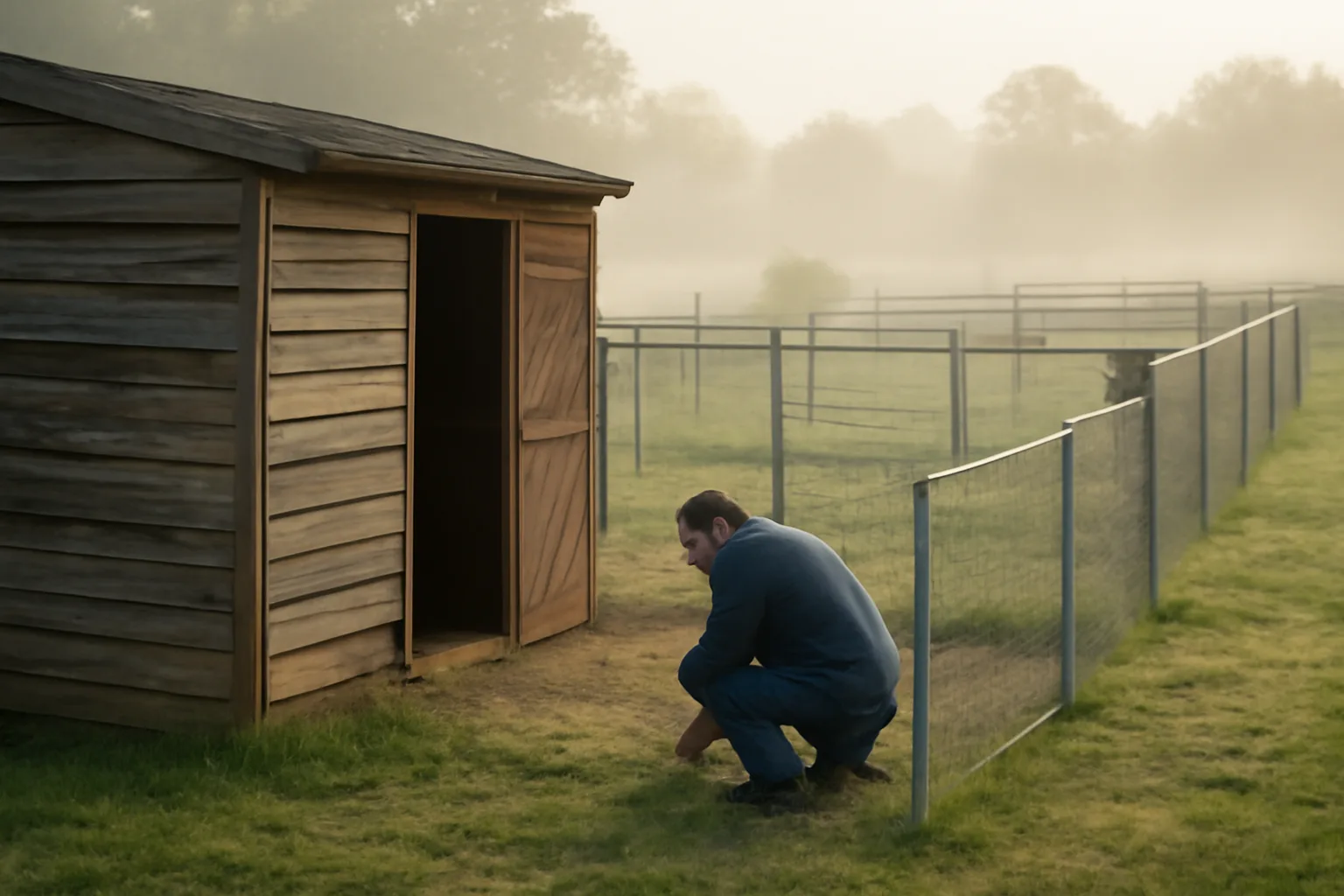 Breeder checking outdoor dog runs at a small rural kennel facility