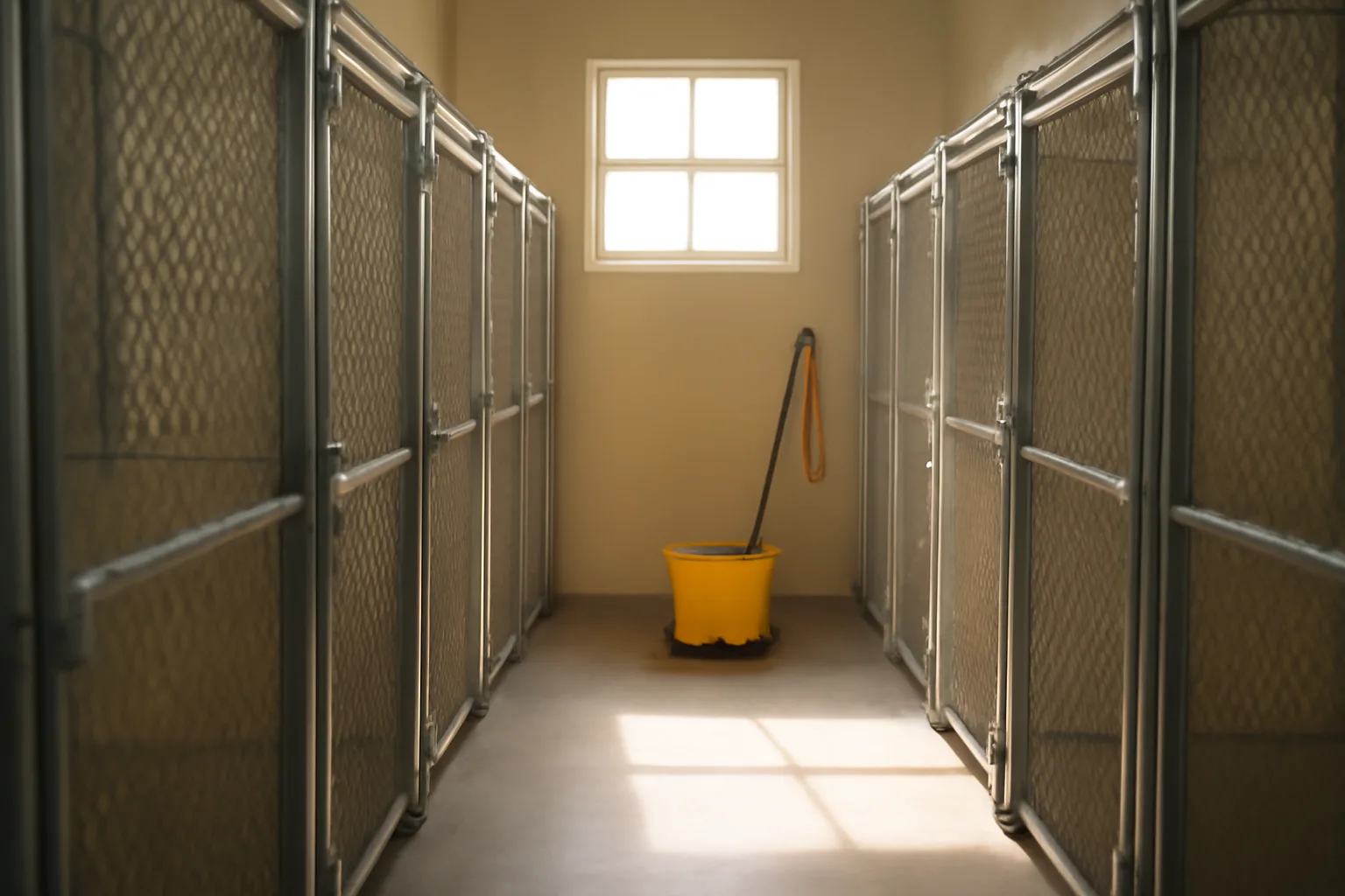 Clean indoor dog boarding kennel hallway with individual runs and morning light