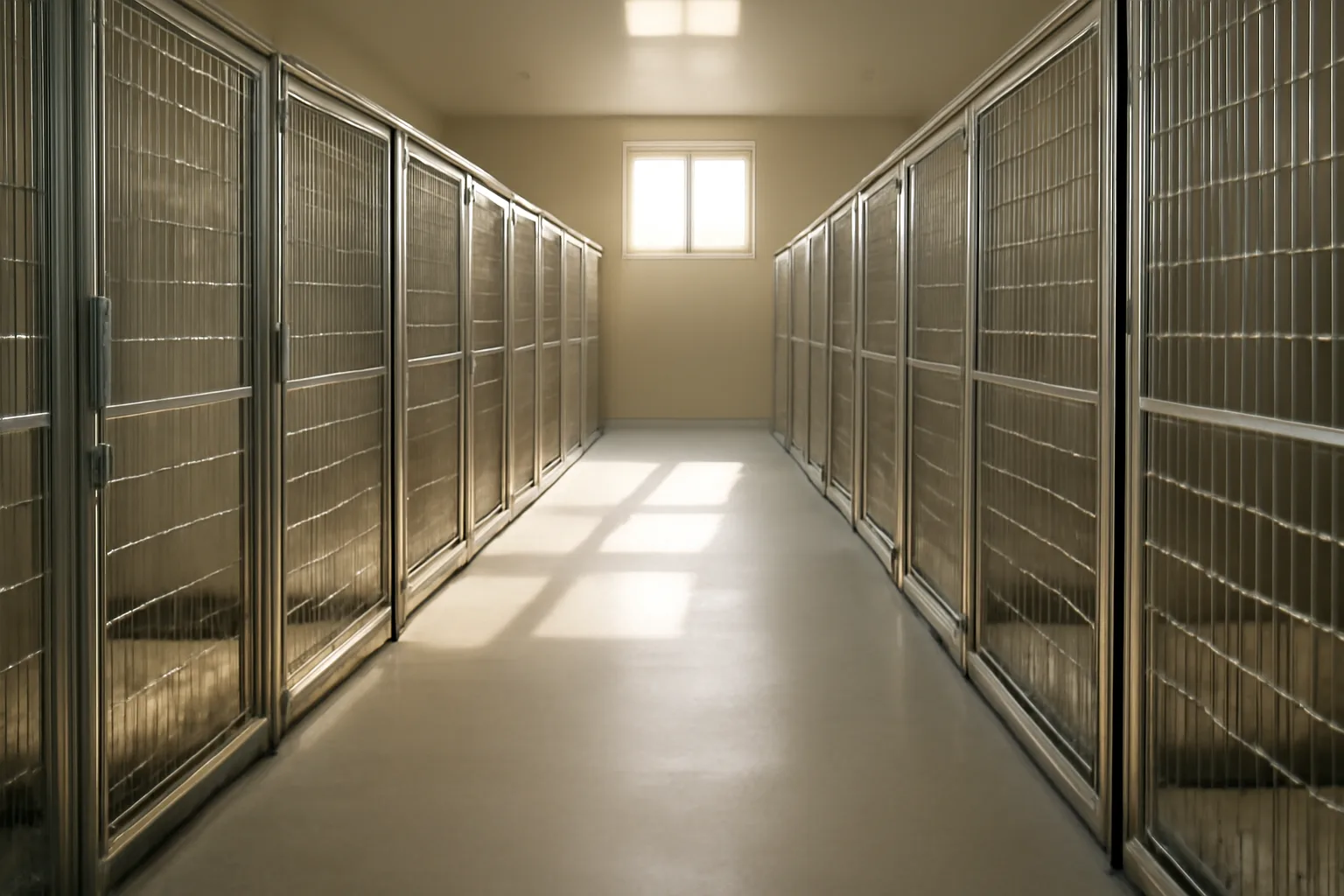 Empty clean kennel runs in a licensed dog boarding facility hallway