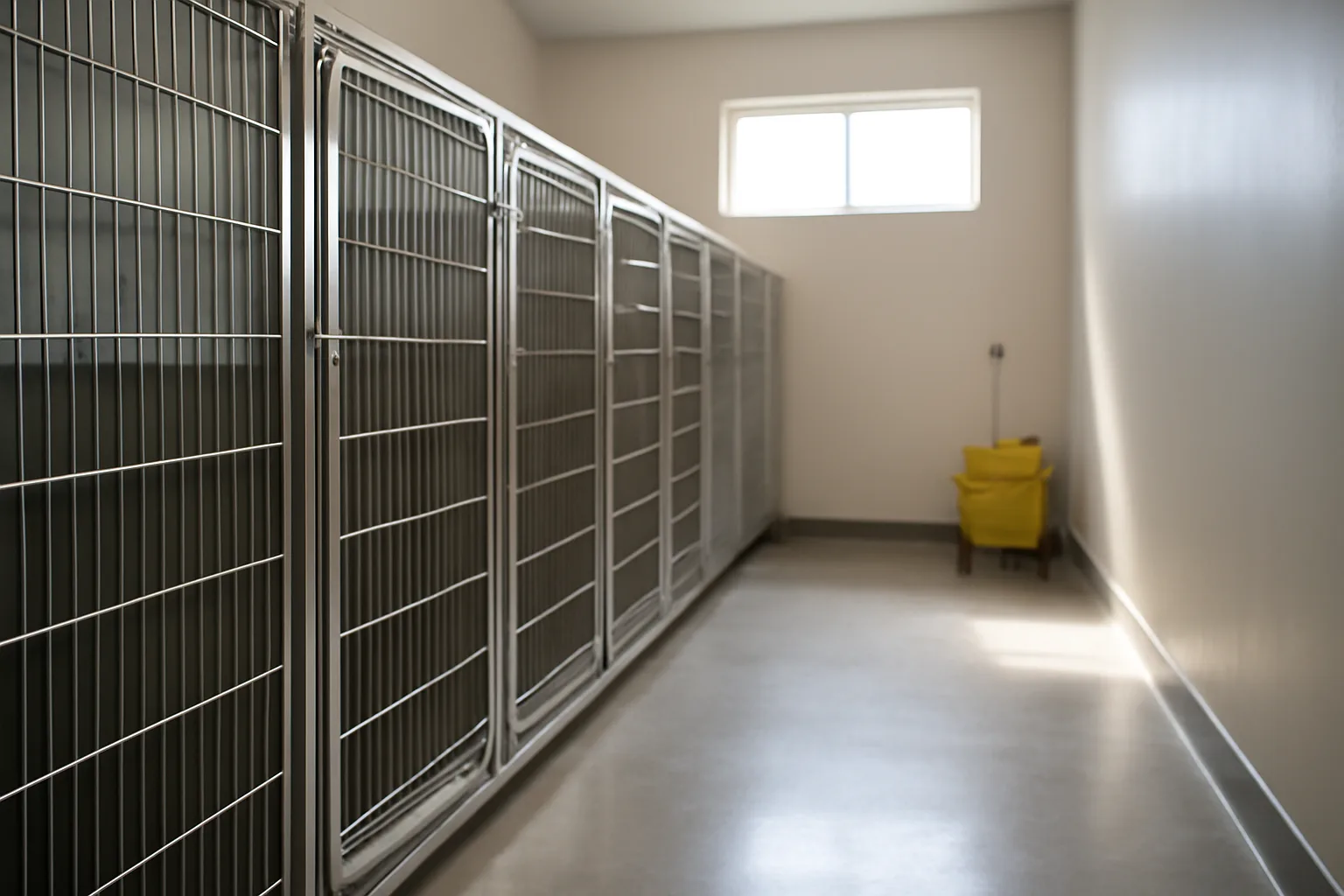 Empty kennel run hallway inside a licensed dog boarding facility during daytime