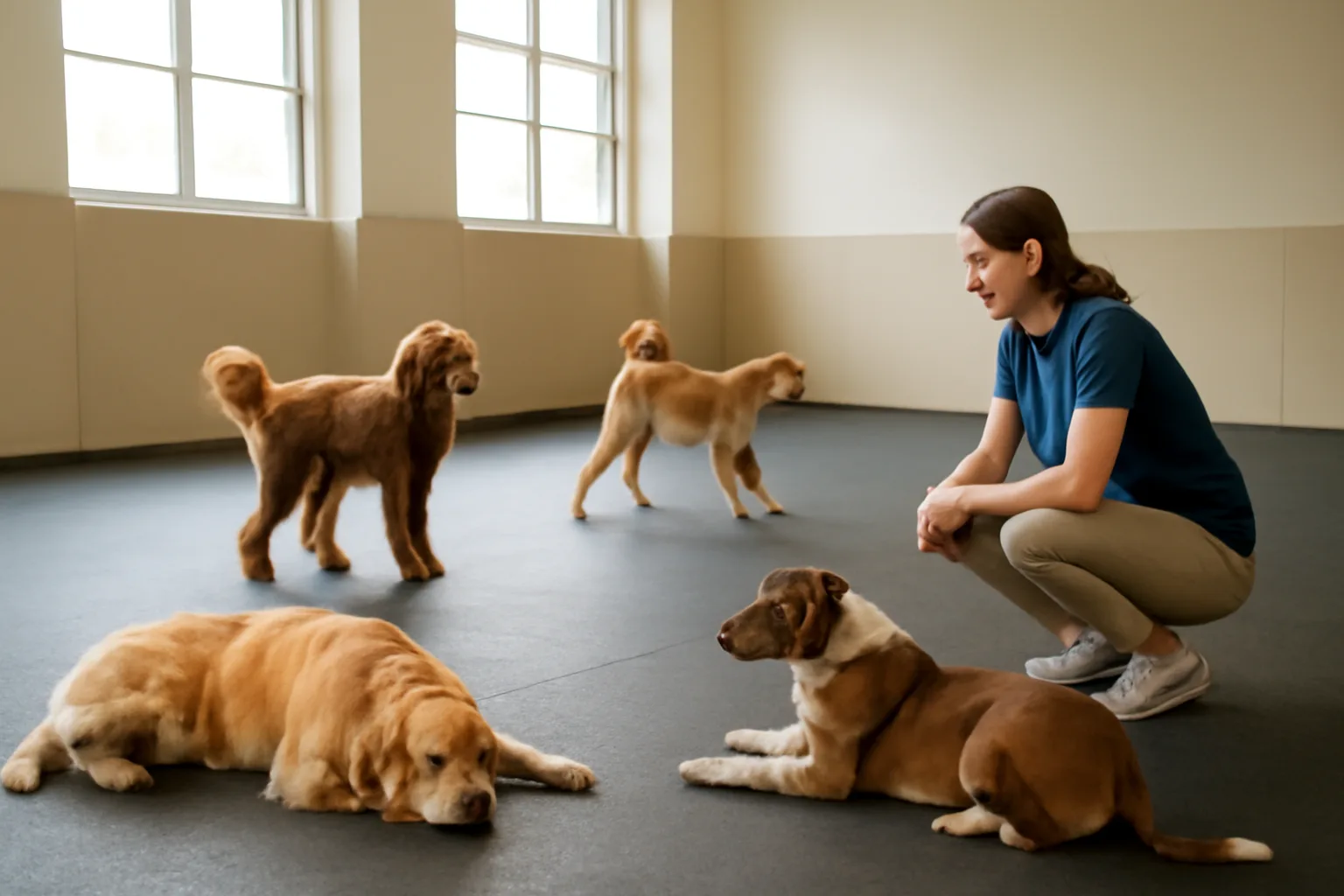 Staff member supervising dogs playing at an indoor pet daycare facility