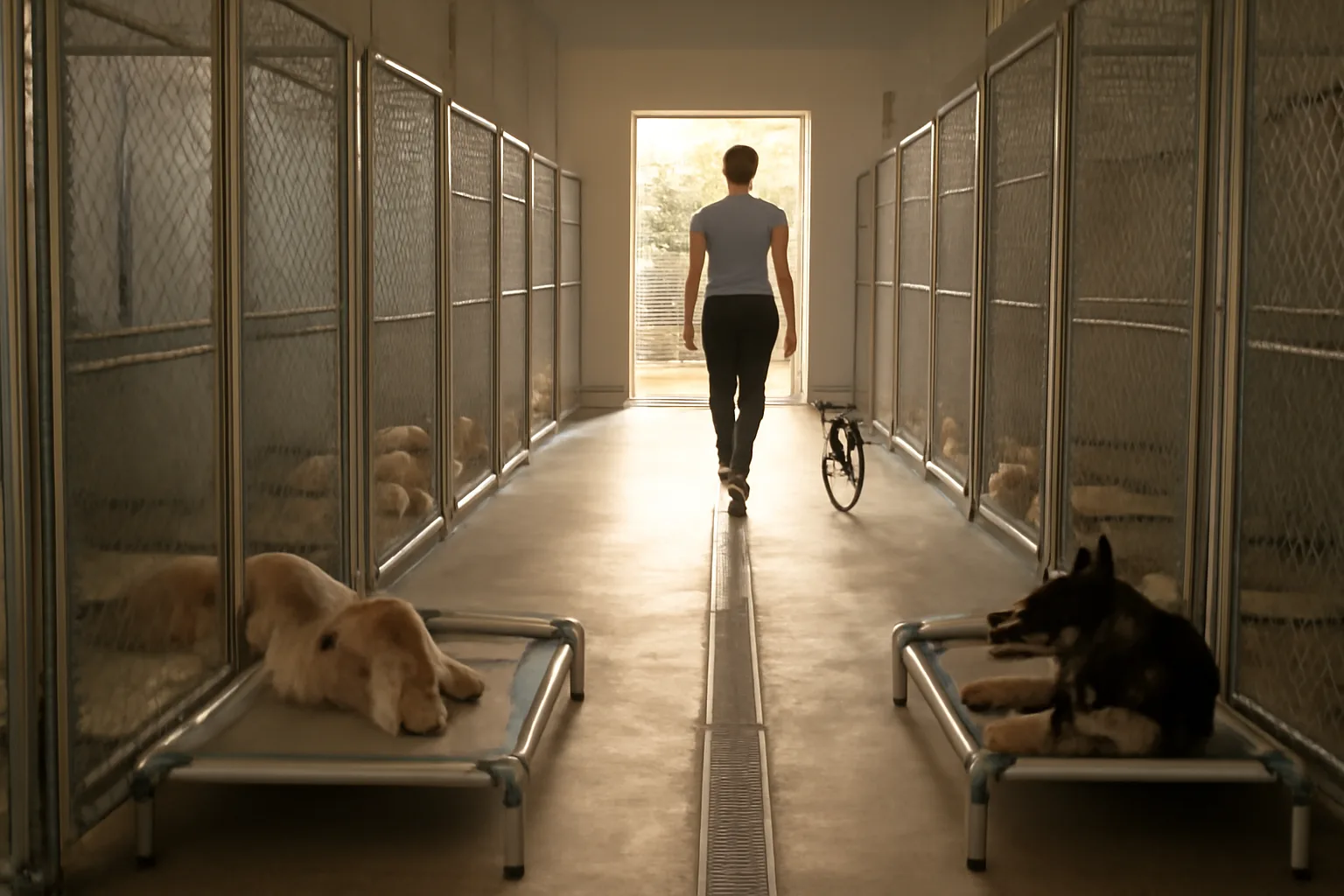Rows of individual dog boarding kennel runs in a sunlit commercial facility hallway