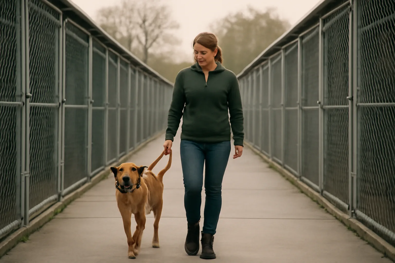 Staff member walking a dog past clean outdoor runs at a boarding facility