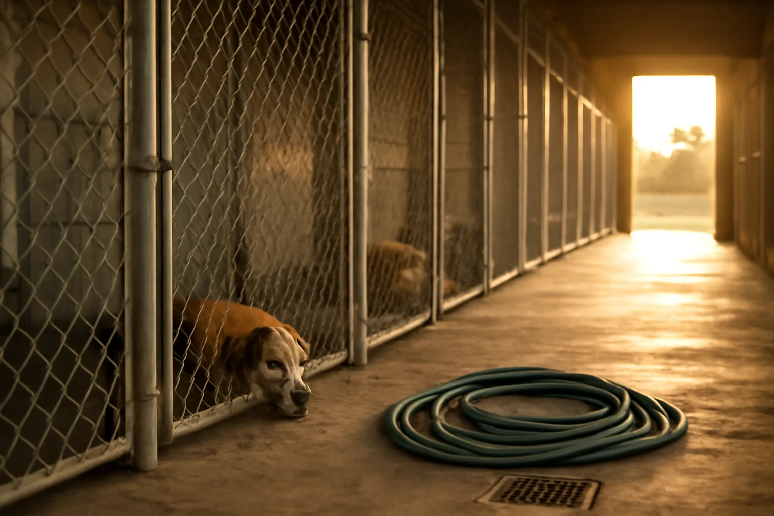 Rows of outdoor kennel runs at a licensed boarding facility in late afternoon light