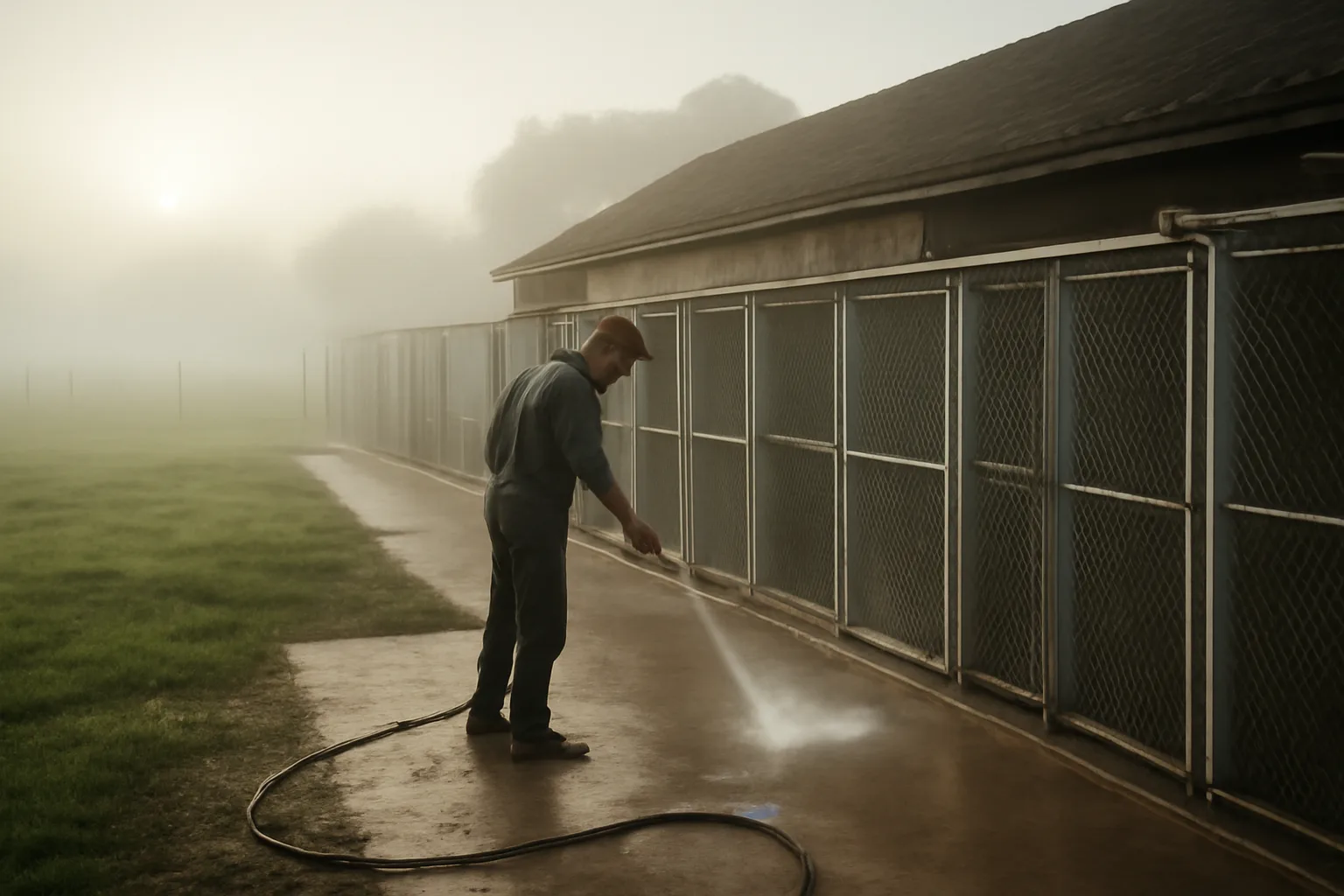 Dog boarding kennel runs at a rural facility during a morning cleaning routine
