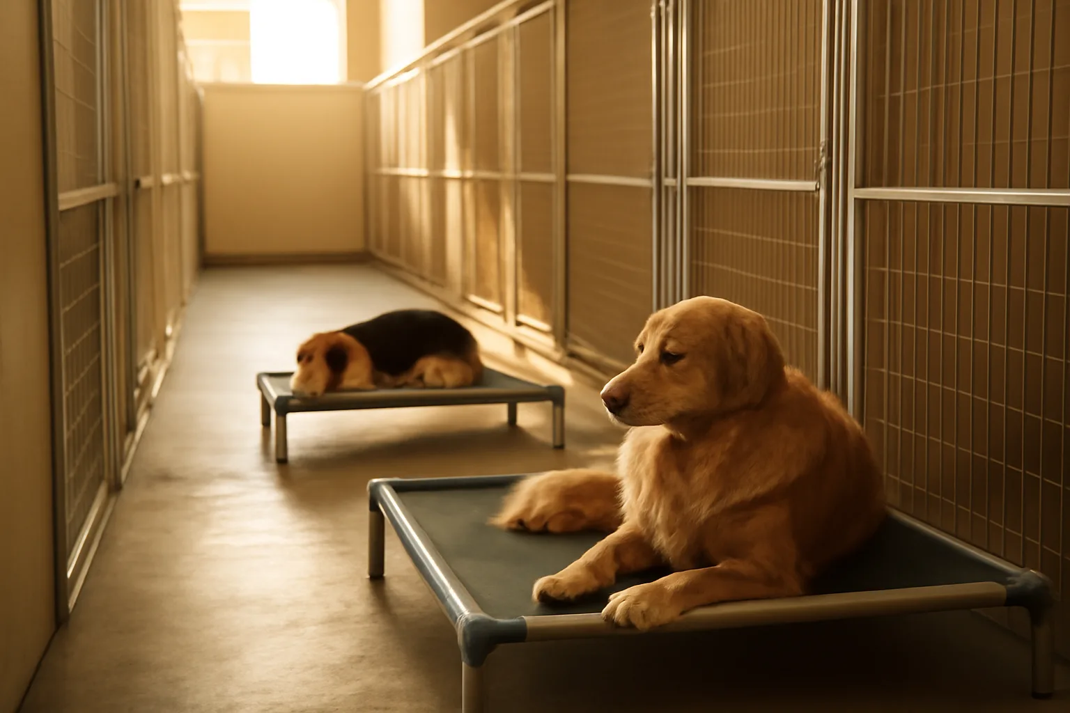 Indoor dog boarding kennel hallway with dogs resting in open runs