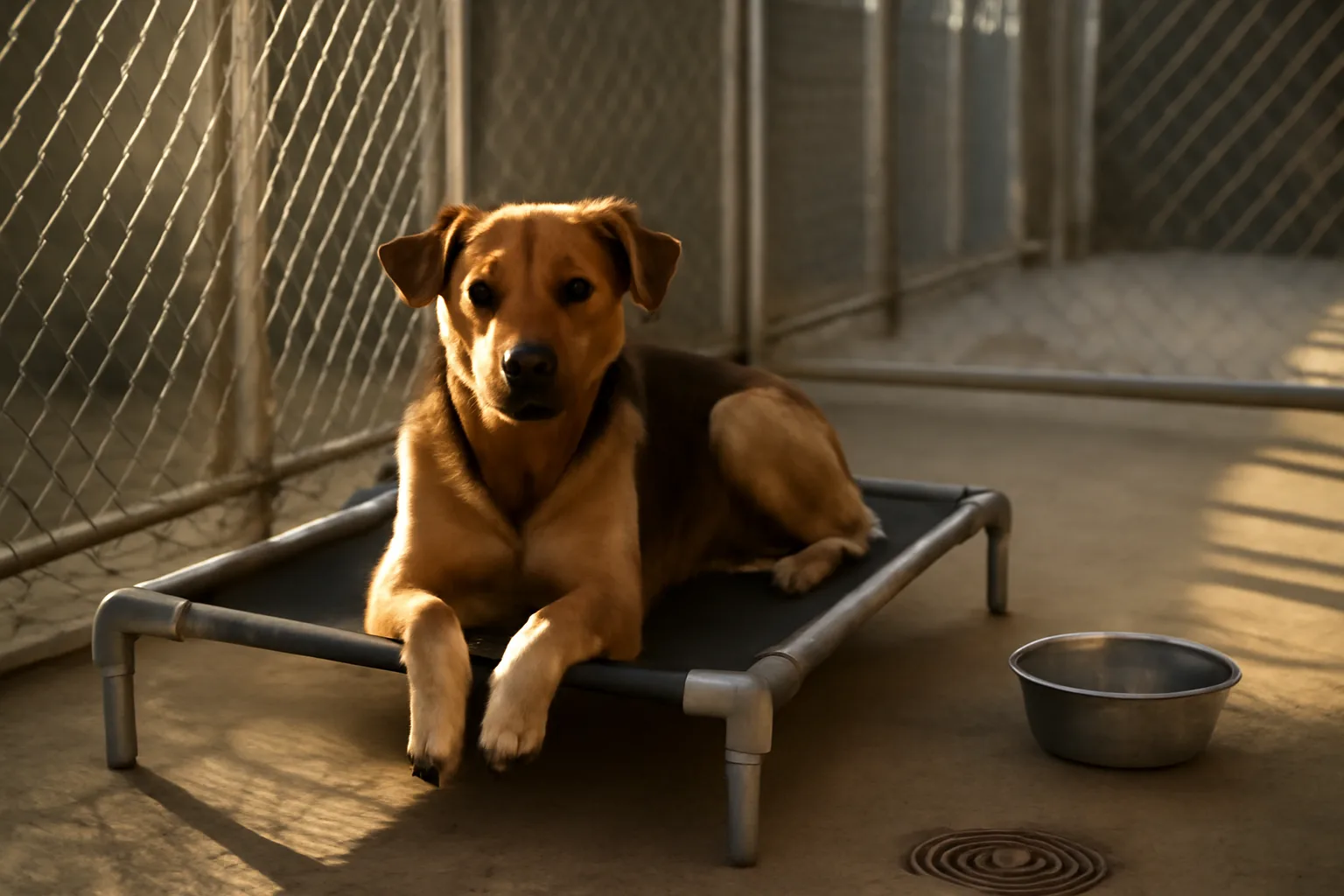 dog resting in an outdoor kennel run at a boarding facility