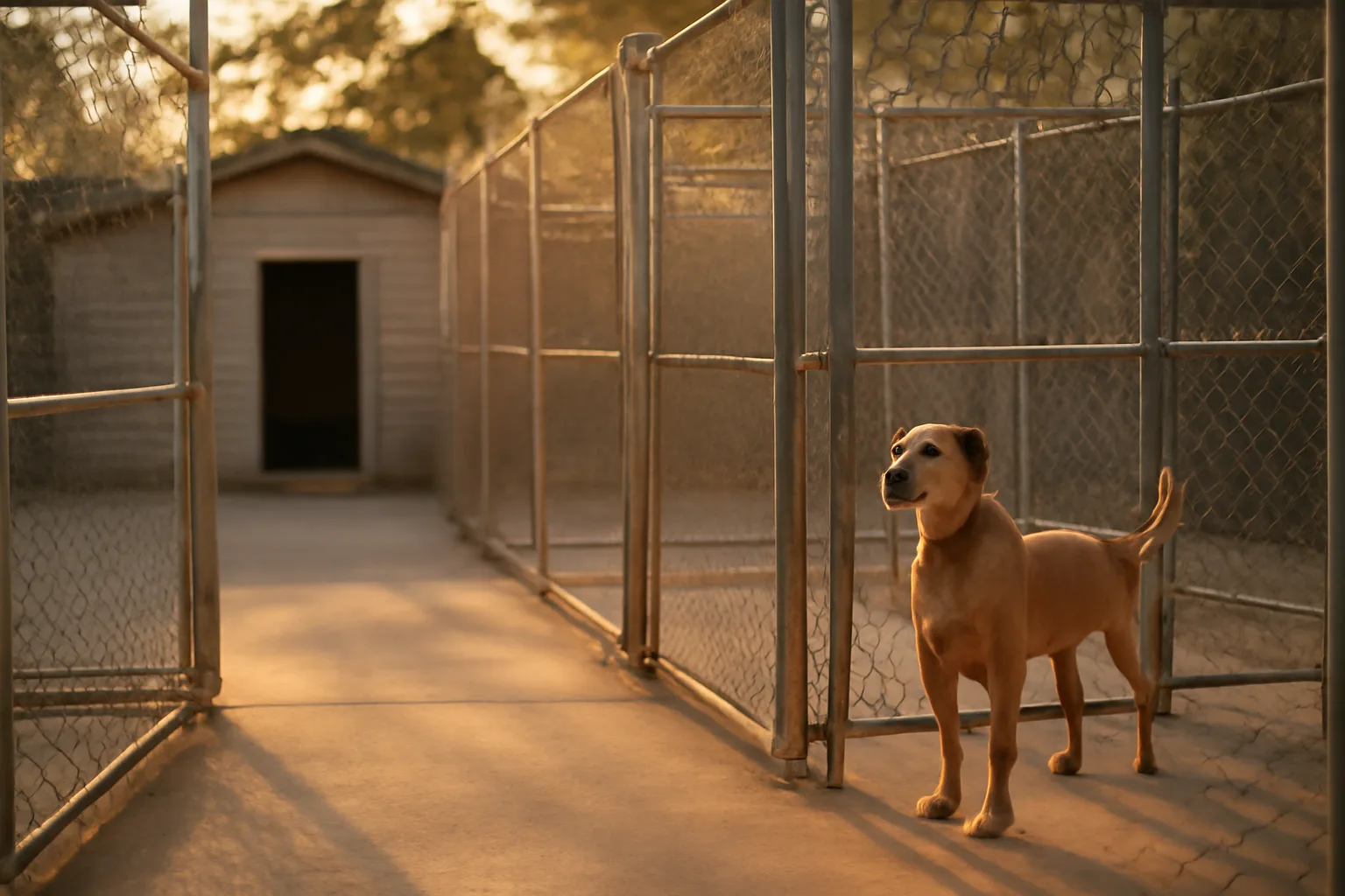 Breeder dogs standing in clean outdoor kennel runs at a small licensed facility
