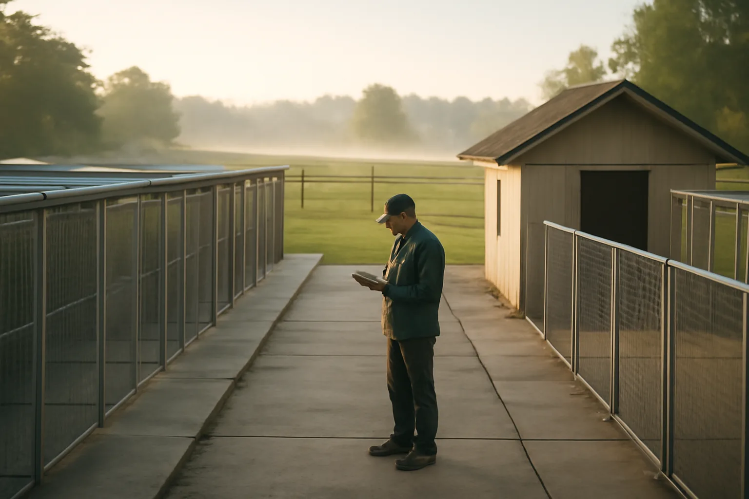 Breeder checking outdoor kennel runs during morning inspection at a rural facility