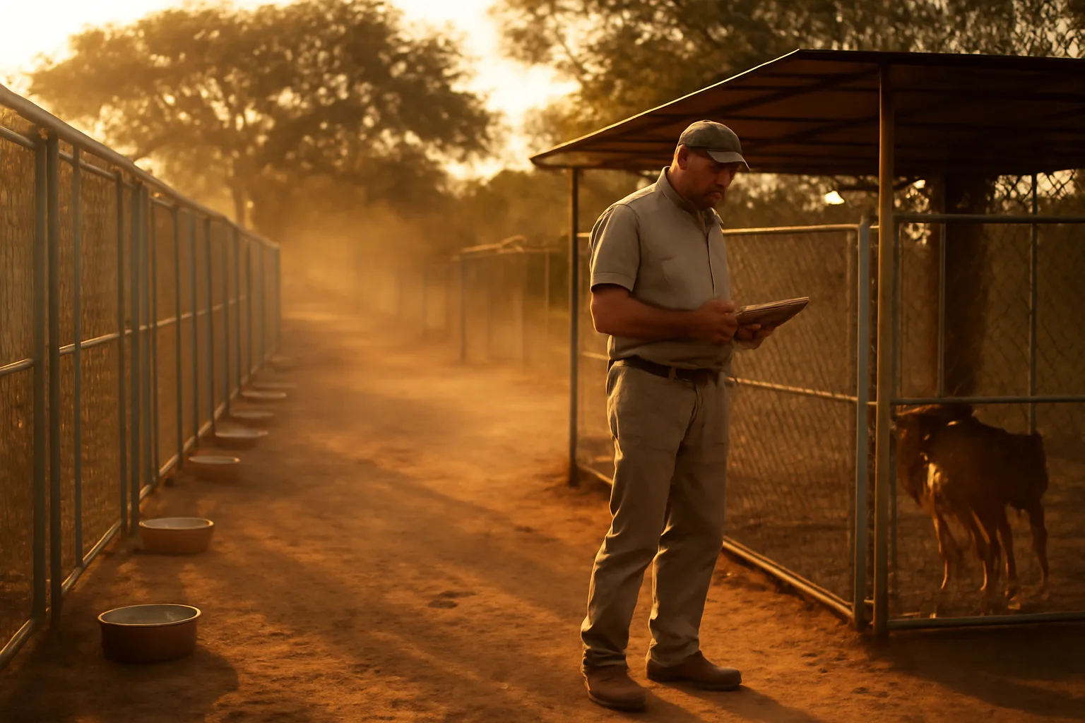Breeder checking dog runs at a rural Texas kennel facility at sunset