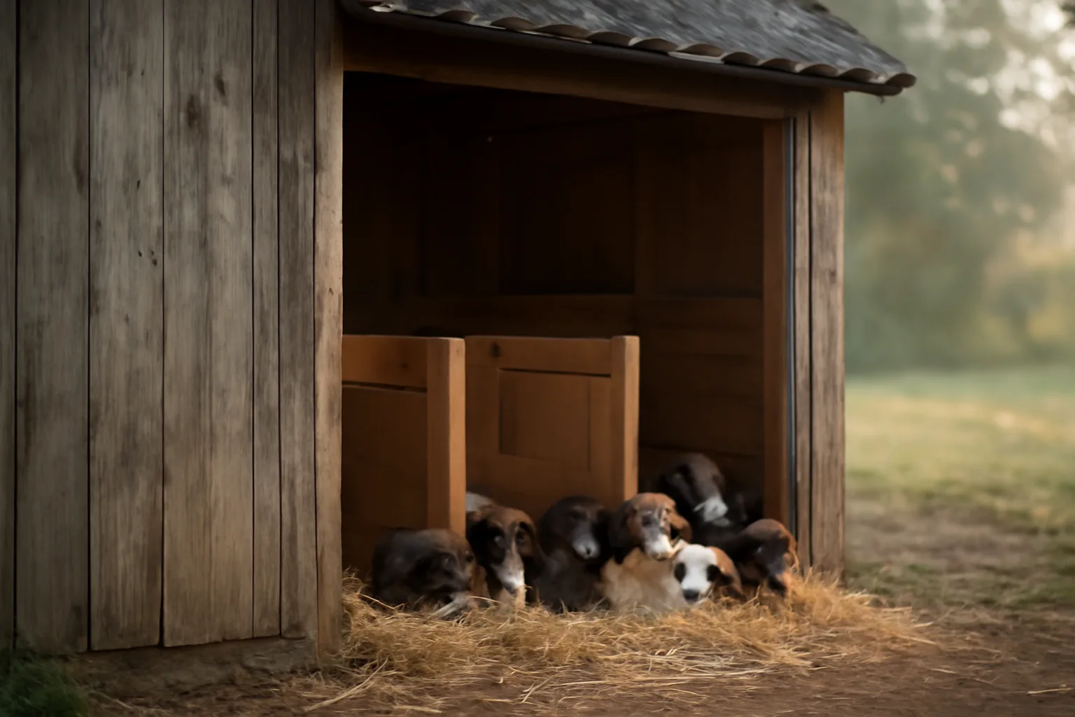 Whelping pens inside a small dog breeding kennel with a litter of puppies in morning light