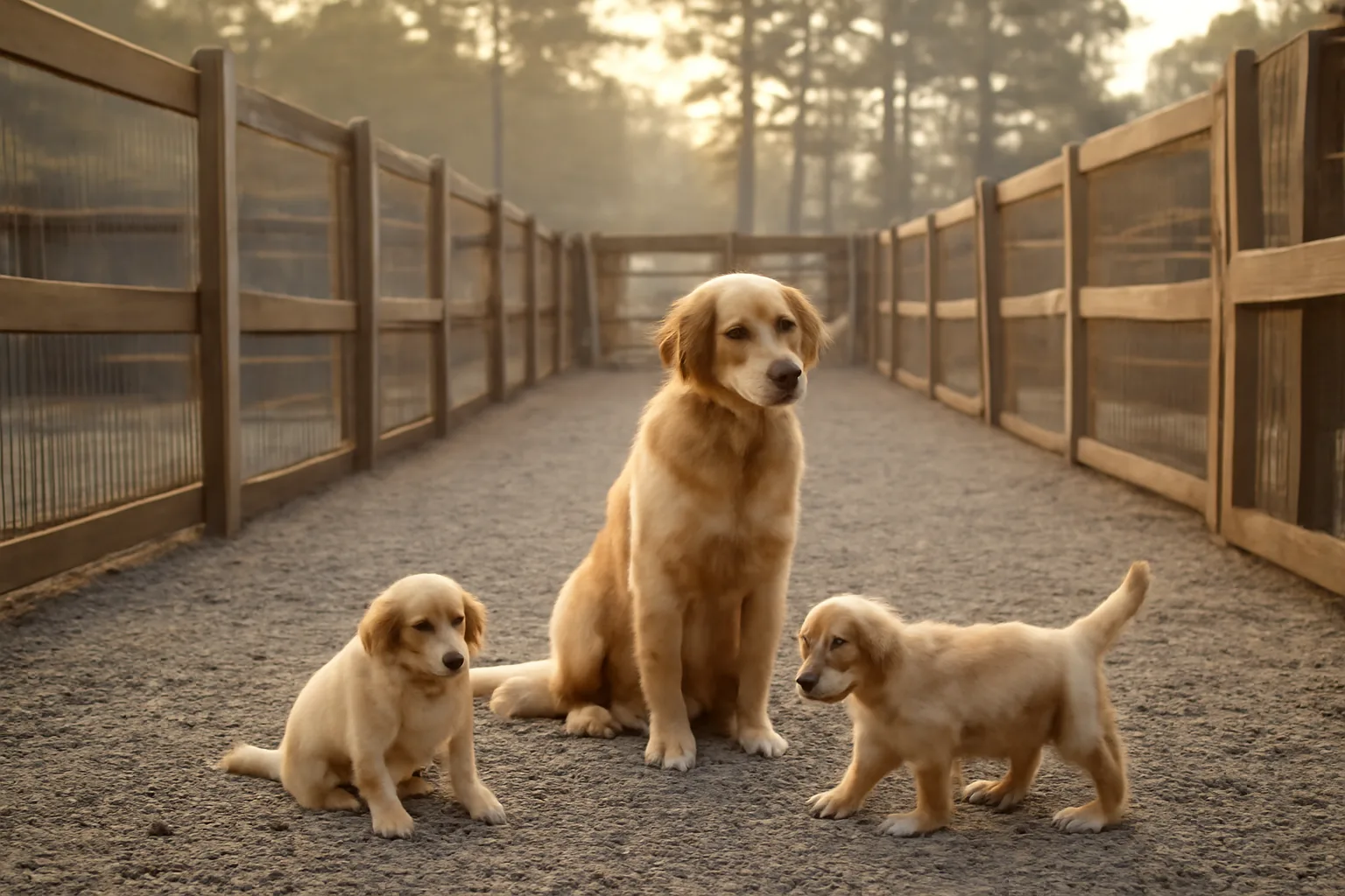 Outdoor kennel runs and puppies on a Georgia dog breeding property at sunrise