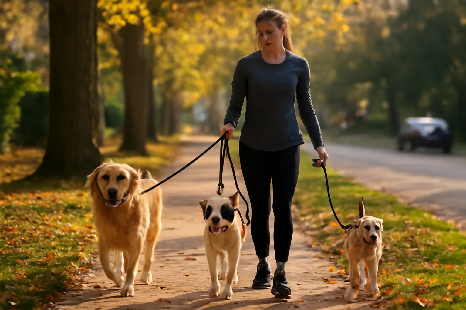 Dog walker managing three leashed dogs on a quiet residential street