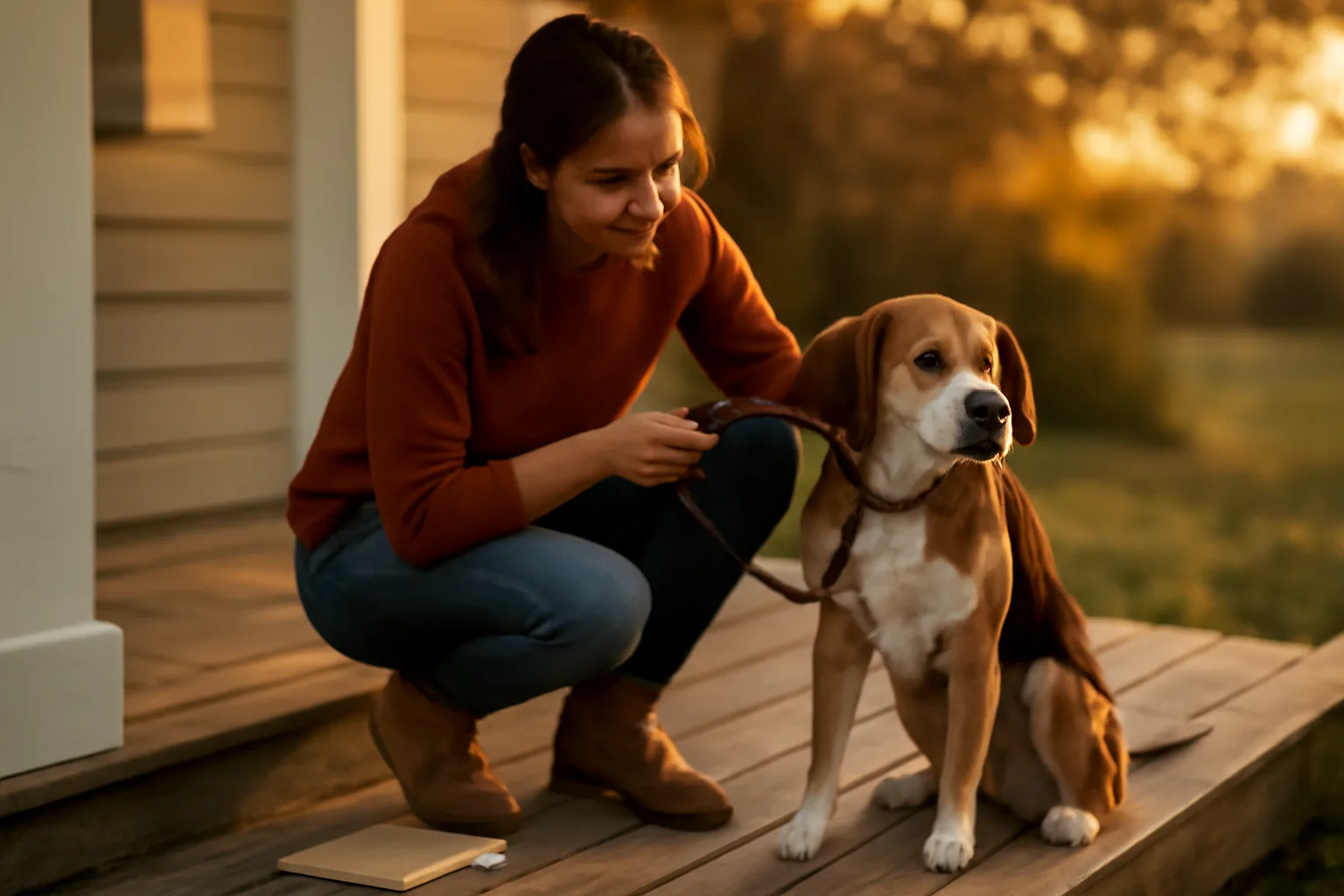 Pet sitter kneeling on a home porch leashing a dog at golden hour