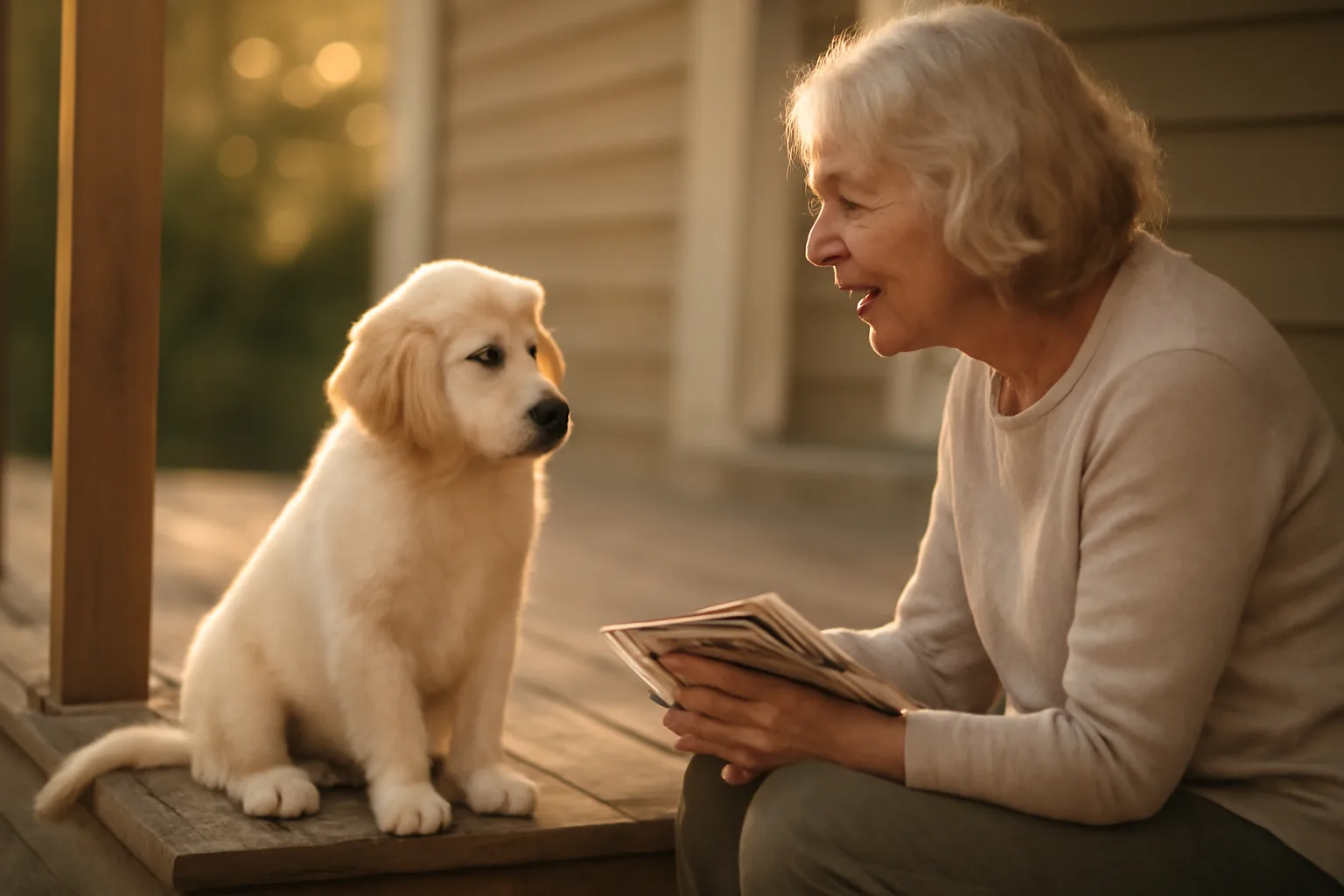 Puppy on a porch step beside an owner reviewing photographs, illustrating dog registration without papers