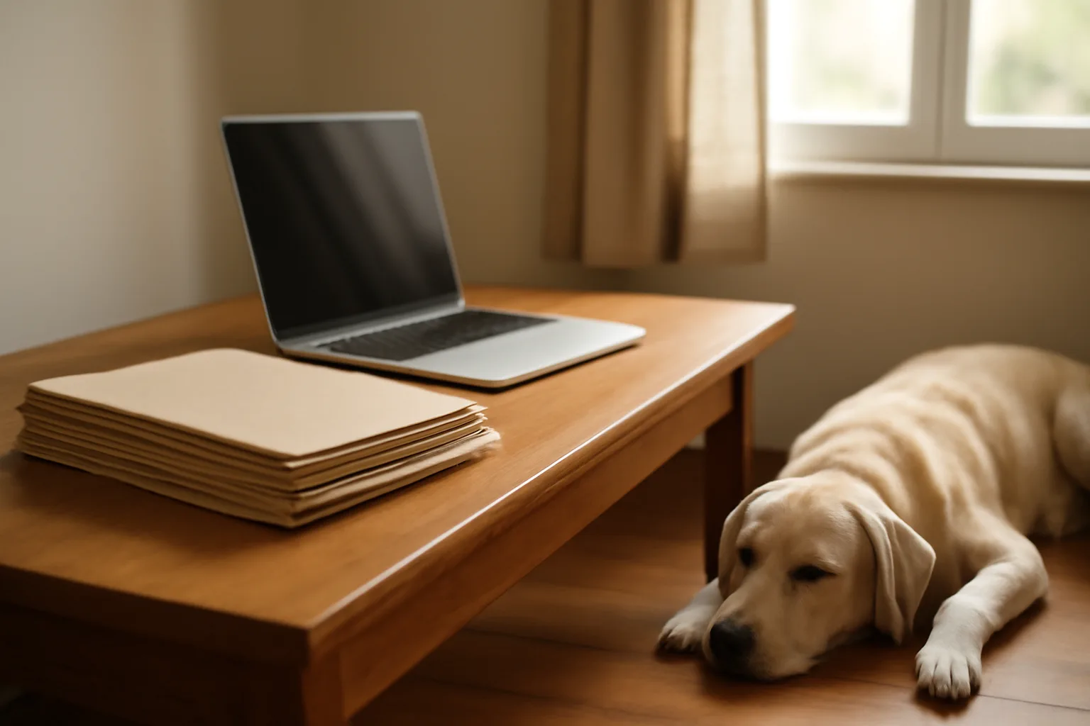 Purebred dog resting near a desk with pedigree registration documents in soft morning light