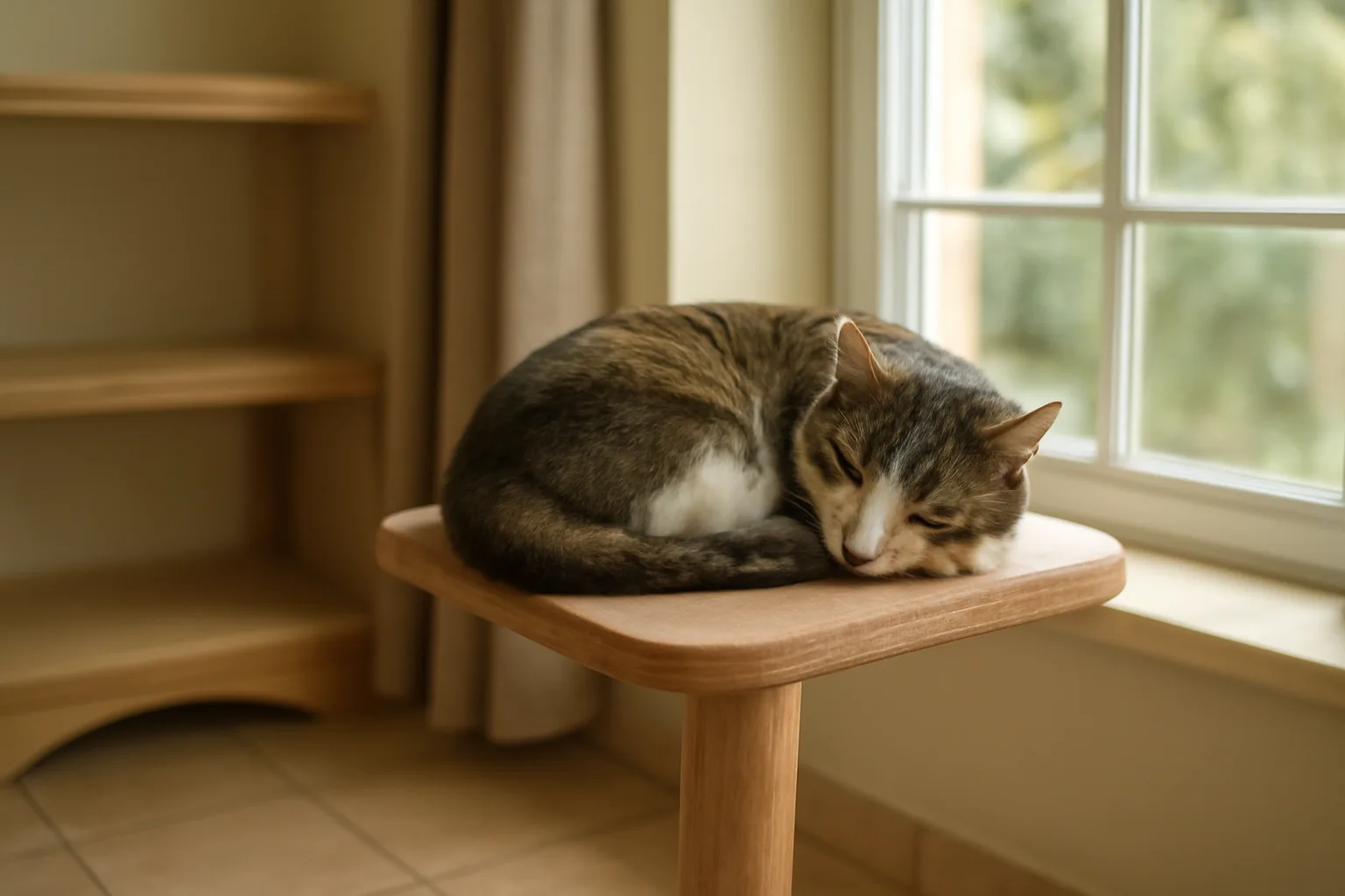 Cat resting on a perch inside a quiet boarding suite in Charlotte, NC