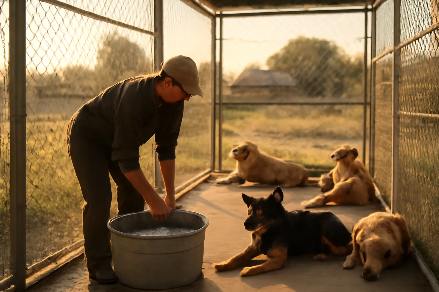 Breeder checking water trough in outdoor dog kennel run at golden hour