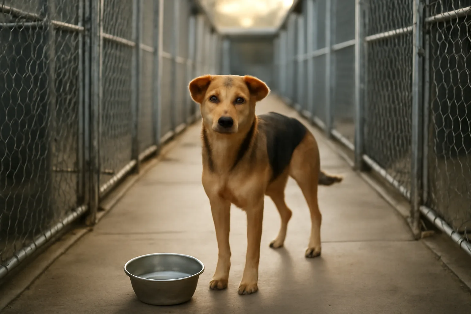 Rows of outdoor kennel runs at a modest dog boarding facility in morning light