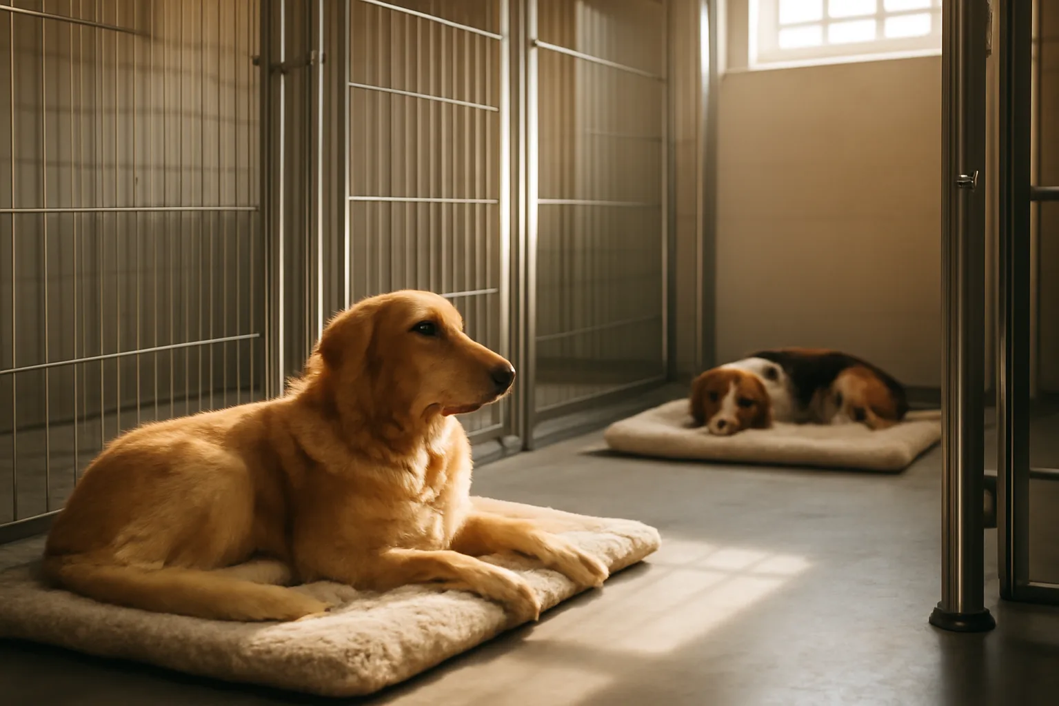 Two dogs resting in clean separate runs inside a Chicago dog boarding facility